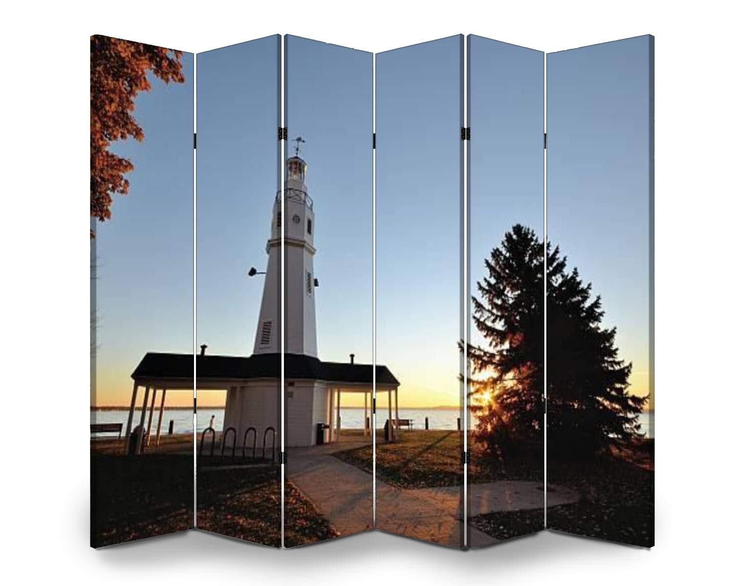 6-Panel Folding Room Divider Screen - White Brick Lighthouse Sunrise Design - Freestanding Privacy Partition for Indoor/Outdoor Use - Perfect for Home Office, Nursery Separation, and Event Spaces