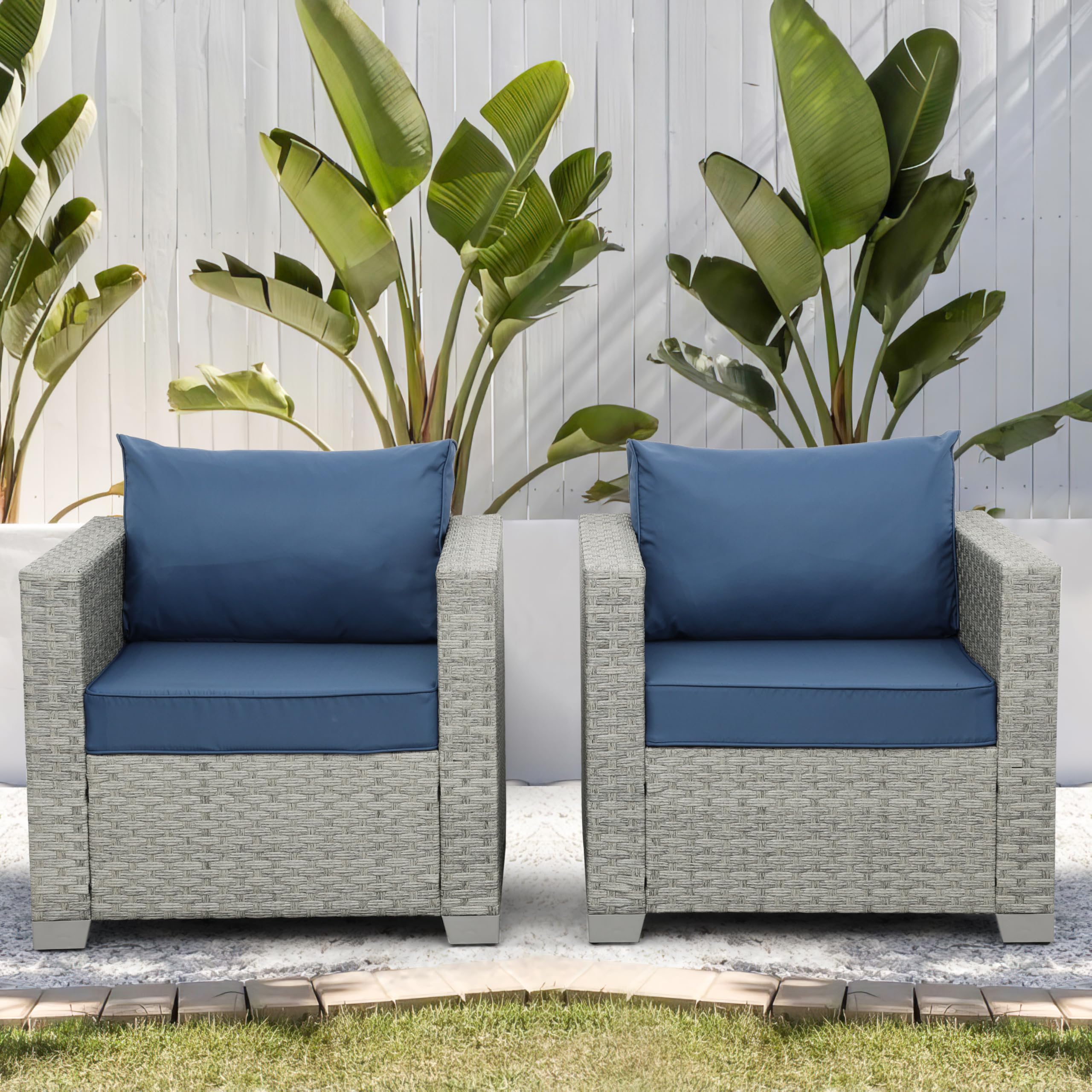 WAROOM 2-Piece Outdoor Wicker Patio Sofa Set - Grey Rattan Deep Seating Armchairs with Blue Cushions, Perfect for Porch, Balcony, Garden & Poolside Relaxation
