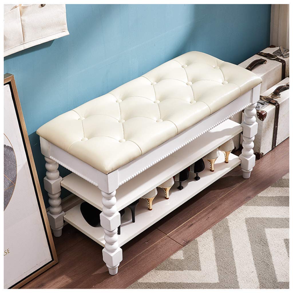 Wooden Shoe Storage Stool with PU Leather - Multifunctional Entryway Bench for Hallway, Balcony & Bedroom - Quick Assembly 60/80/100cm (White 80cm) - Perfect for Small Space Organization & Shoe Changing