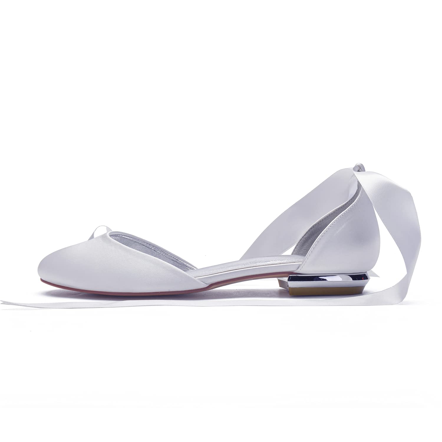 COMFASH Women's Ballet Flats - Satin Wedding Shoes with Ribbon Tie - Comfortable Closed Toe Bride Shoes for Wedding, Party & Special Occasions - Silver, Size 10