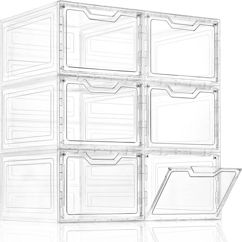 6 Pack Stackable Plastic Storage Bins with Lids & Magnetic Closure - 19Qt Clear White Organizing Bins for Home, Office, Kitchen, Pantry - Perfect for Food Storage, Toy Organization & Closet Shelving