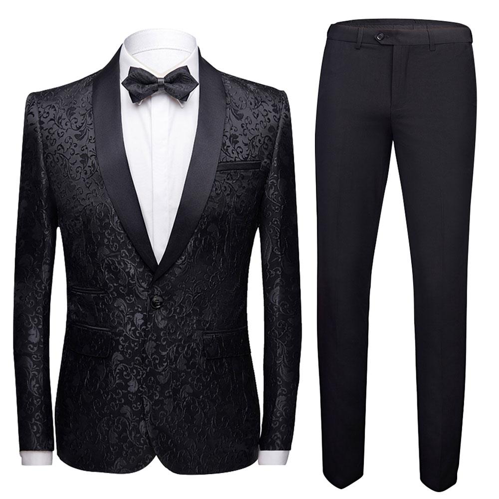 2 Piece Slim Fit Paisley Print Suit for Men - Formal Black Wedding Suit with Matching Pants - Perfect for Business, Office, and Special Occasions