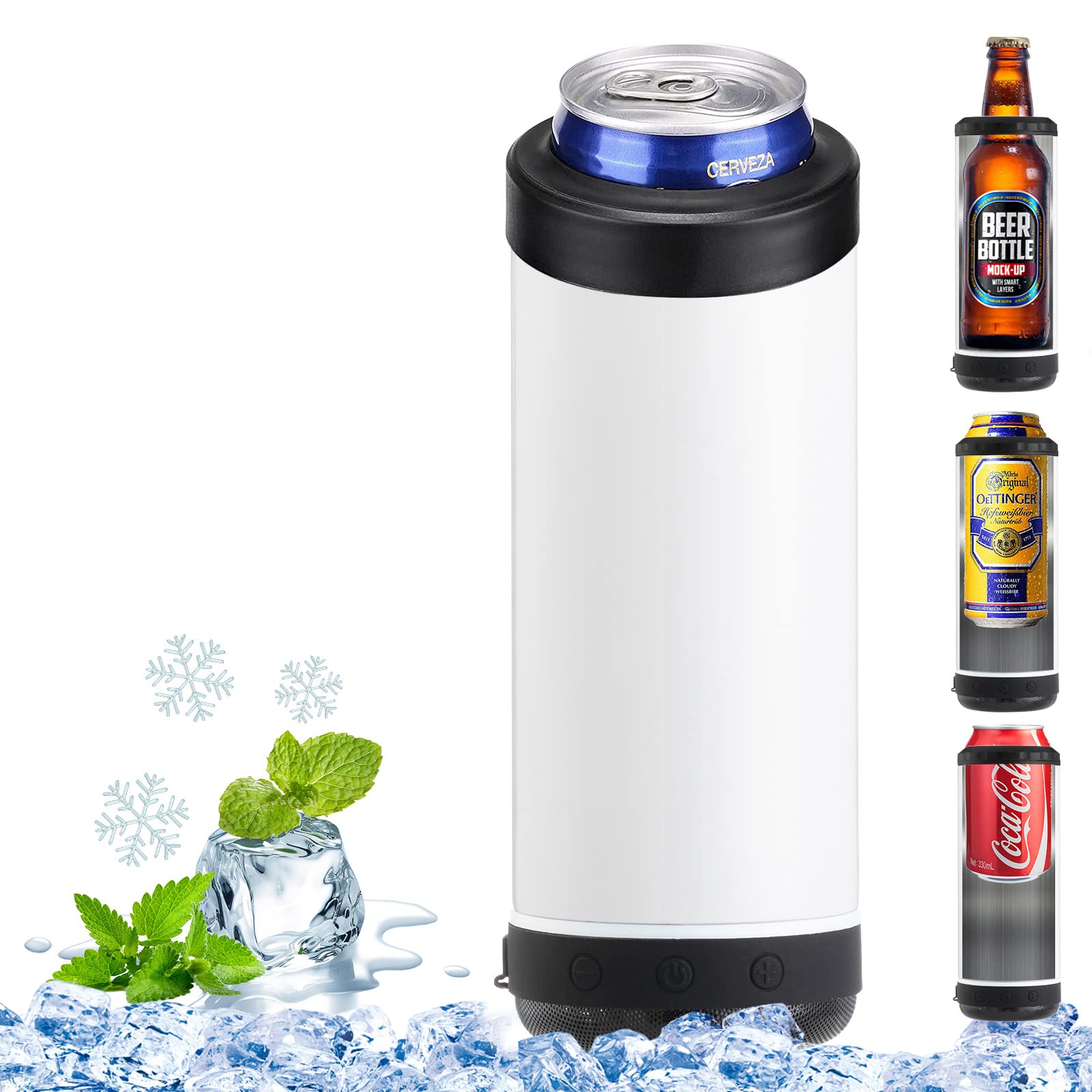 INSTOME 4-in-1 Sublimation Can Cooler with Bluetooth Speaker - 16oz Insulated Beer Can Holder with Detachable LED Light - Perfect for Summer Beach Parties, Camping & Outdoor Events (Black)