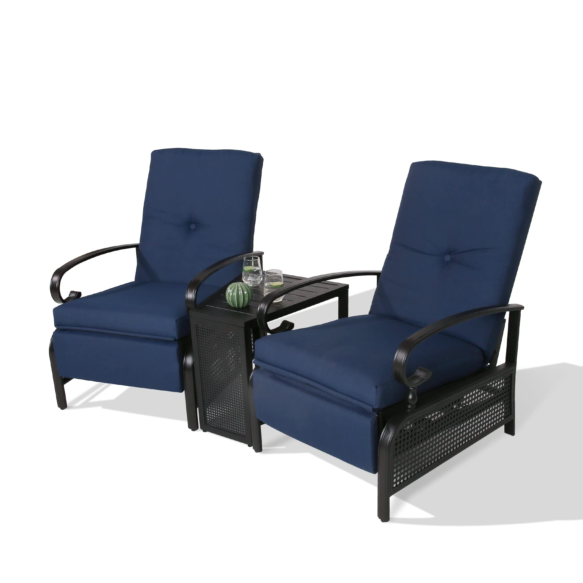 3-Piece Outdoor Patio Furniture Set with 2 Adjustable Reclining Chairs & Slatted Side Table - Navy Blue Cushions Included | Perfect for Backyard, Poolside & Garden Relaxation (IW147320)