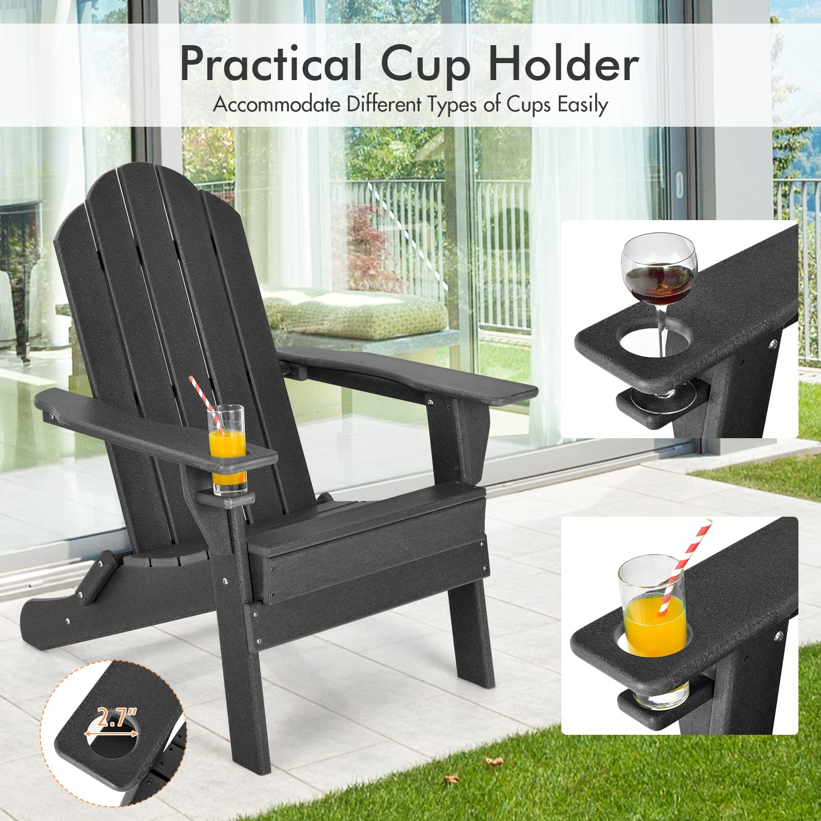 **Giantex Adirondack Chair - Outdoor Folding Patio Chair with Cup Holder, HDPE Weather-Resistant, Lightweight & Durable for Backyard, Deck, Garden, Poolside, Camping (Black, 1-Pack)**    *Perfect for relaxing by the fire pit, hosting outdoor gatherings, or enjoying a sunny afternoon with a cold drink.*