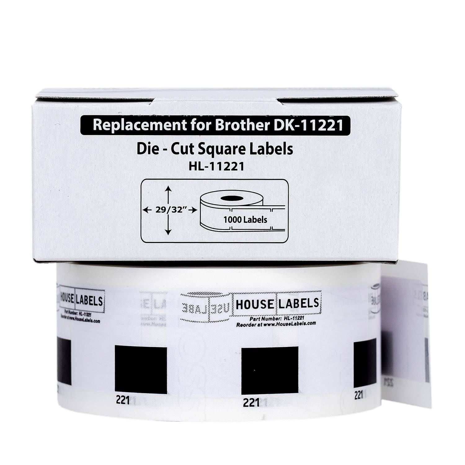 HOUSELABELS Compatible with Brother QL DK-1221 Label Printer - 1000pcs 23x23mm Square Sticker Labels (24 Rolls) with 1 Reusable Cartridge - Perfect for Office, Shipping, Inventory & Product Labeling