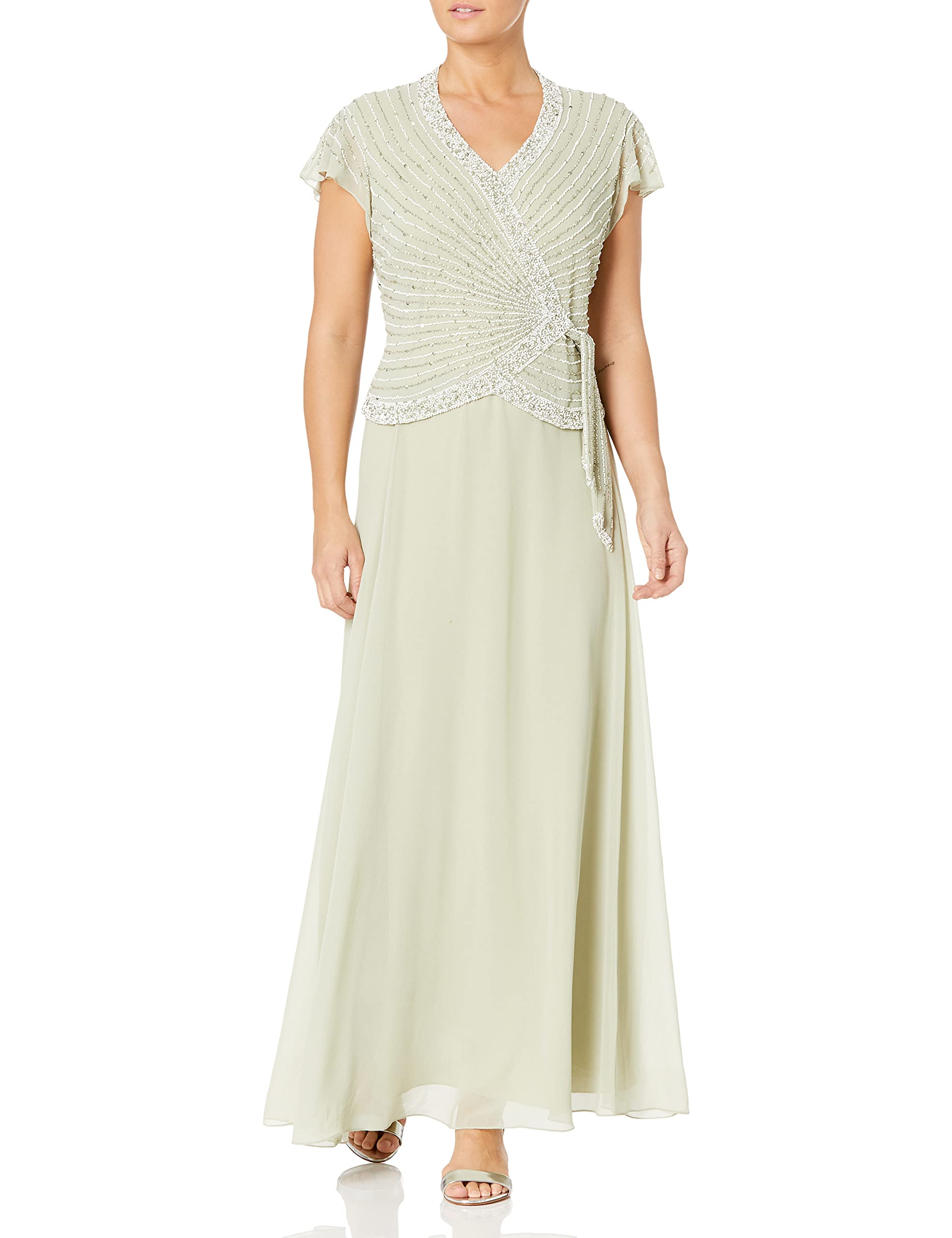 J Kara Women's Petite Faux Wrap Long Dress with Flutter Sleeves - Elegant Plus Size Formal Midi Dress for Wedding Guest, Cocktail Party & Special Occasions