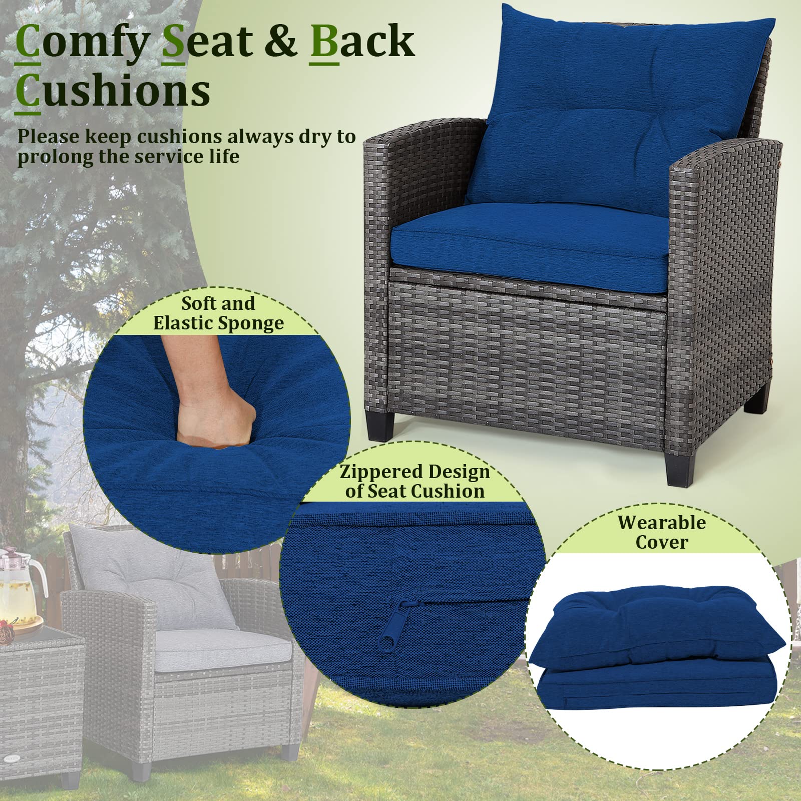 RELAX4LIFE 3-Piece Wicker Patio Furniture Set - Outdoor Rattan Sofa Conversation Set with Tempered Glass Table & Heavy-Duty Steel Frame - Navy Blue Wicker Chair Set for Poolside, Backyard, Garden, Patio & Outdoor Relaxation