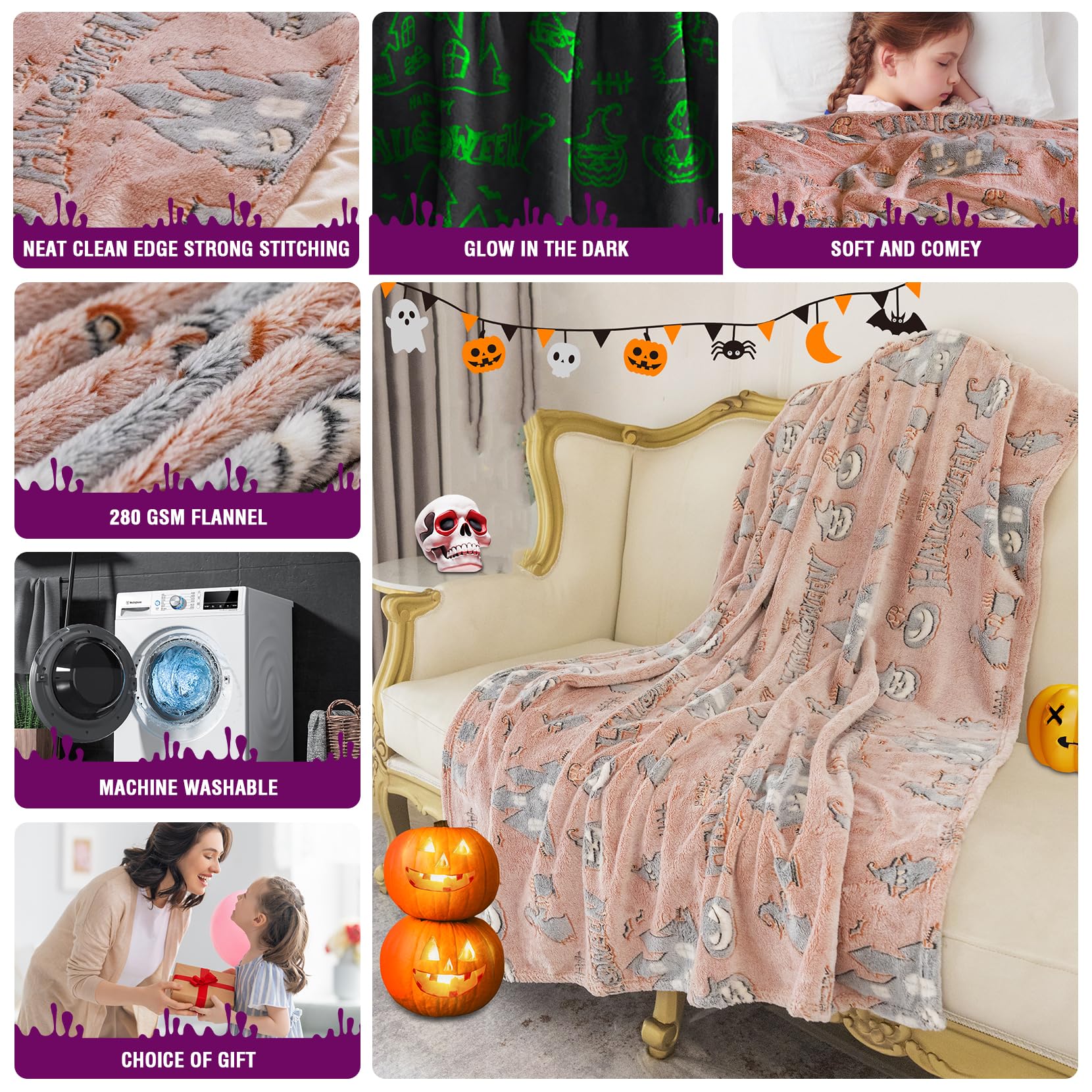 50 x 60 Inch Halloween Pumpkin Plush Throw Blanket - Soft Fleece Glow in The Dark Blanket for Kids, Adults & Home Decor (Orange) | Perfect for Halloween Parties, Movie Nights & Cozy Fall Evenings