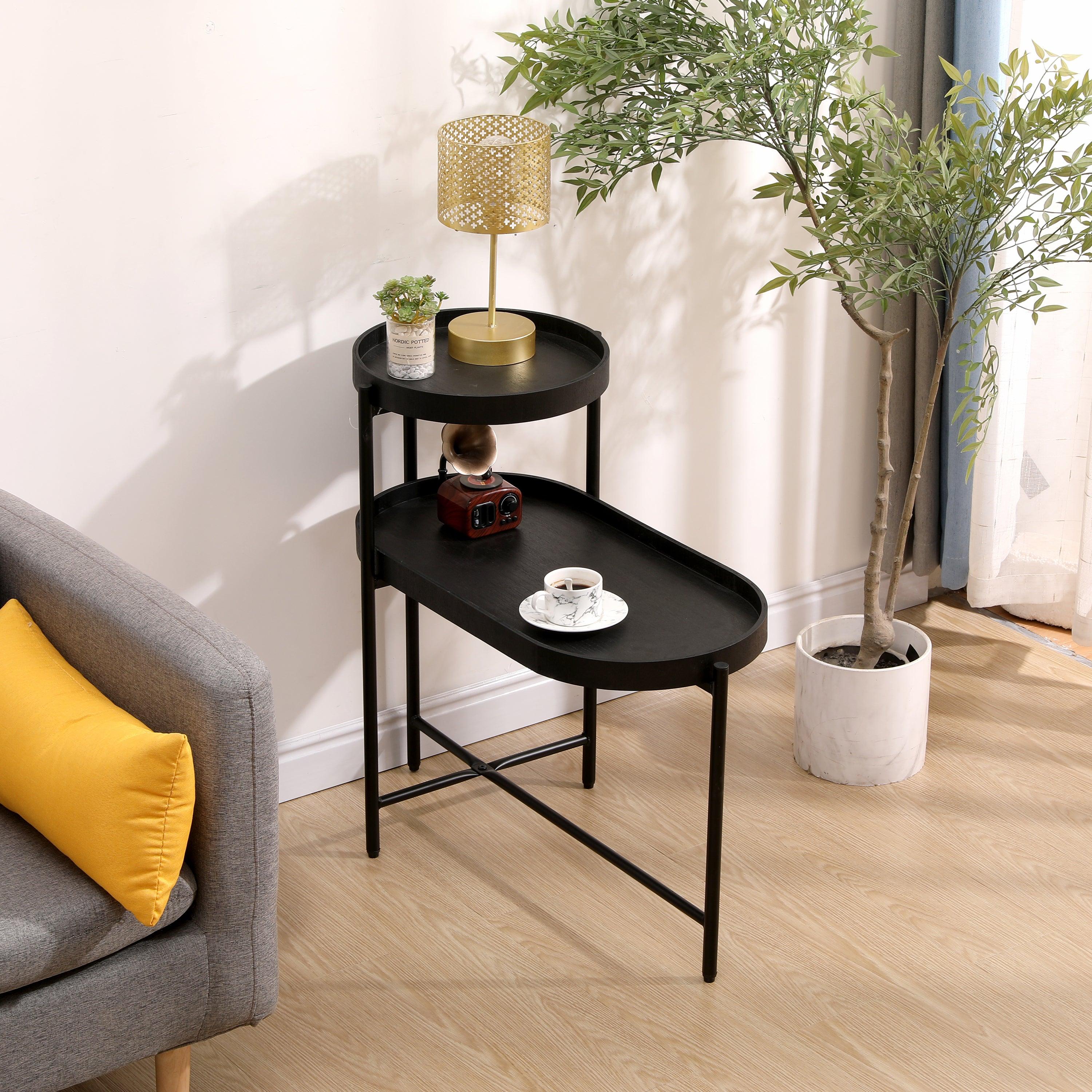 2 Tier Black Side Table with Storage - Metal Frame & Wooden End Table for Living Room, Bedroom, Office - Perfect Sofa Table, Nightstand, or Coffee Table Organizer