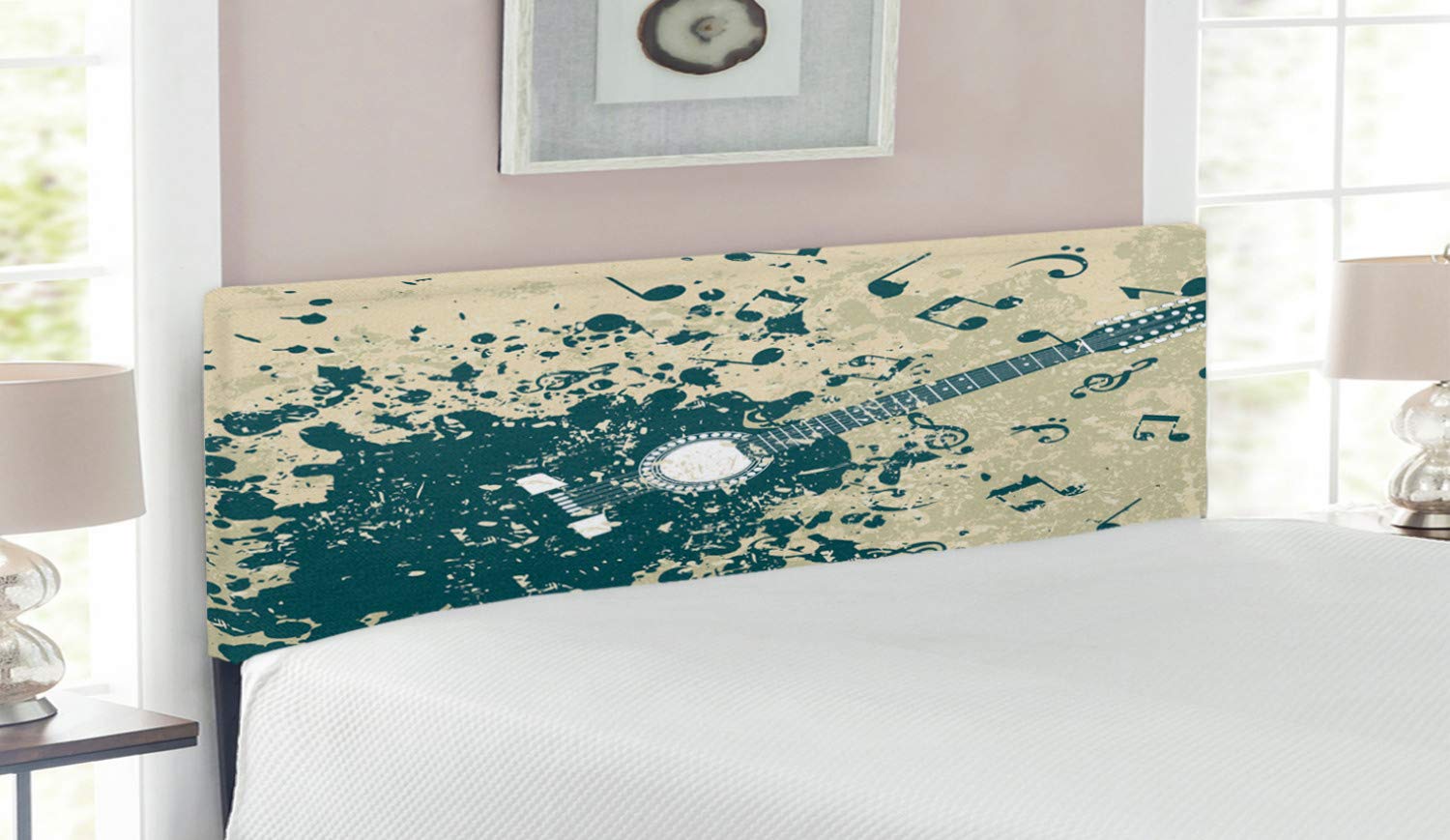 Ambesonne Modern Upholstered Headboard with Memory Foam - Queen Size Beige & Dark Blue Acoustic Guitar Music Notes Design - Decorative Metal Bed Headboard for Bedroom, Guest Room & Music Lovers