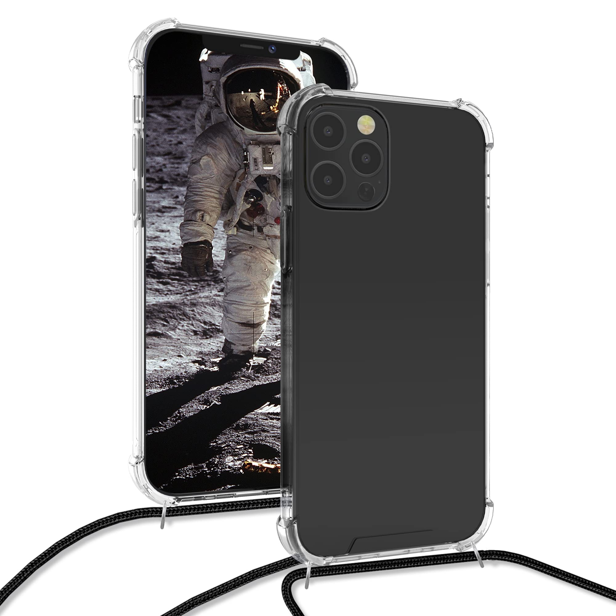 kwmobile Clear TPU Crossbody Phone Case Compatible with Apple iPhone 12 & iPhone 12 Pro - Protective Cover with Adjustable Lanyard Strap (Black/Transparent) - Perfect for Travel, Shopping & Outdoor Activities