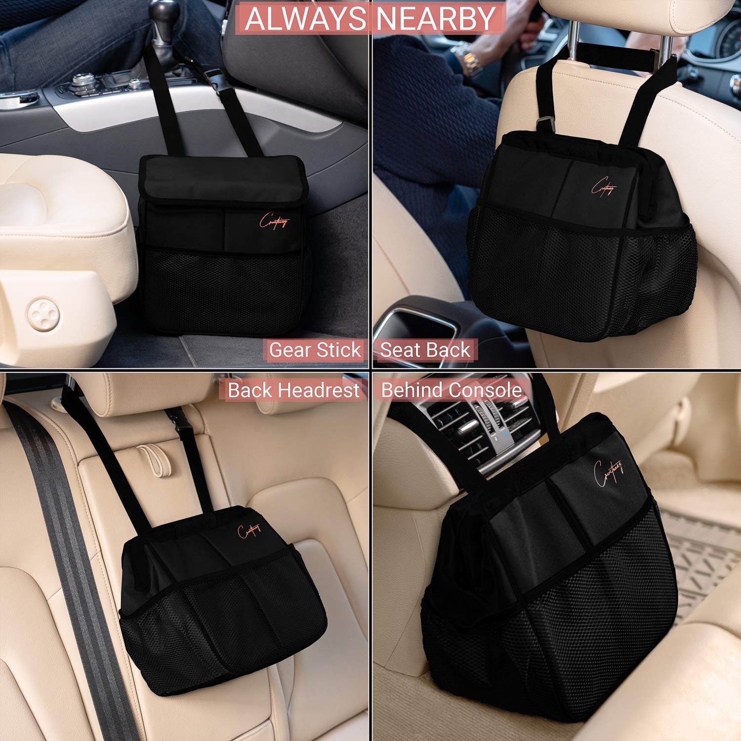 Foldable Waterproof Car Trash Can - 2 Gallon Organizer Bag for Console & Seat | Medium Black Auto Garbage Bin | Perfect for Road Trips, Commuting & Keeping Your Vehicle Clean