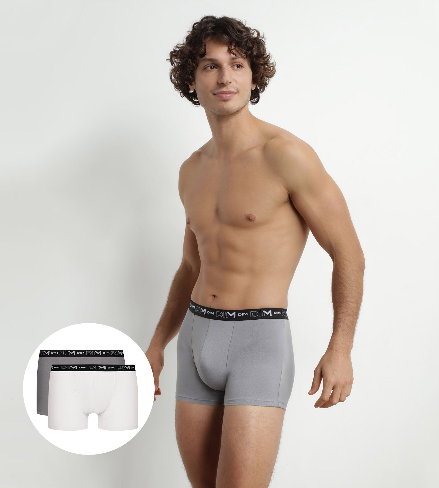2 Pack Men's Boxer Briefs - White & Gray Contrast Waistband, DIM Cotton Stretch Underwear for Everyday Comfort & Active Wear