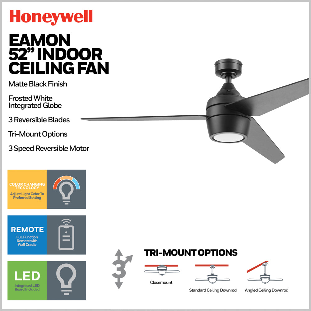 52 Inch Honeywell Eamon Matte Black Ceiling Fan with Light Kit and Remote Control - Quiet High Speed Cooling for Living Room, Bedroom, and Outdoor Patio