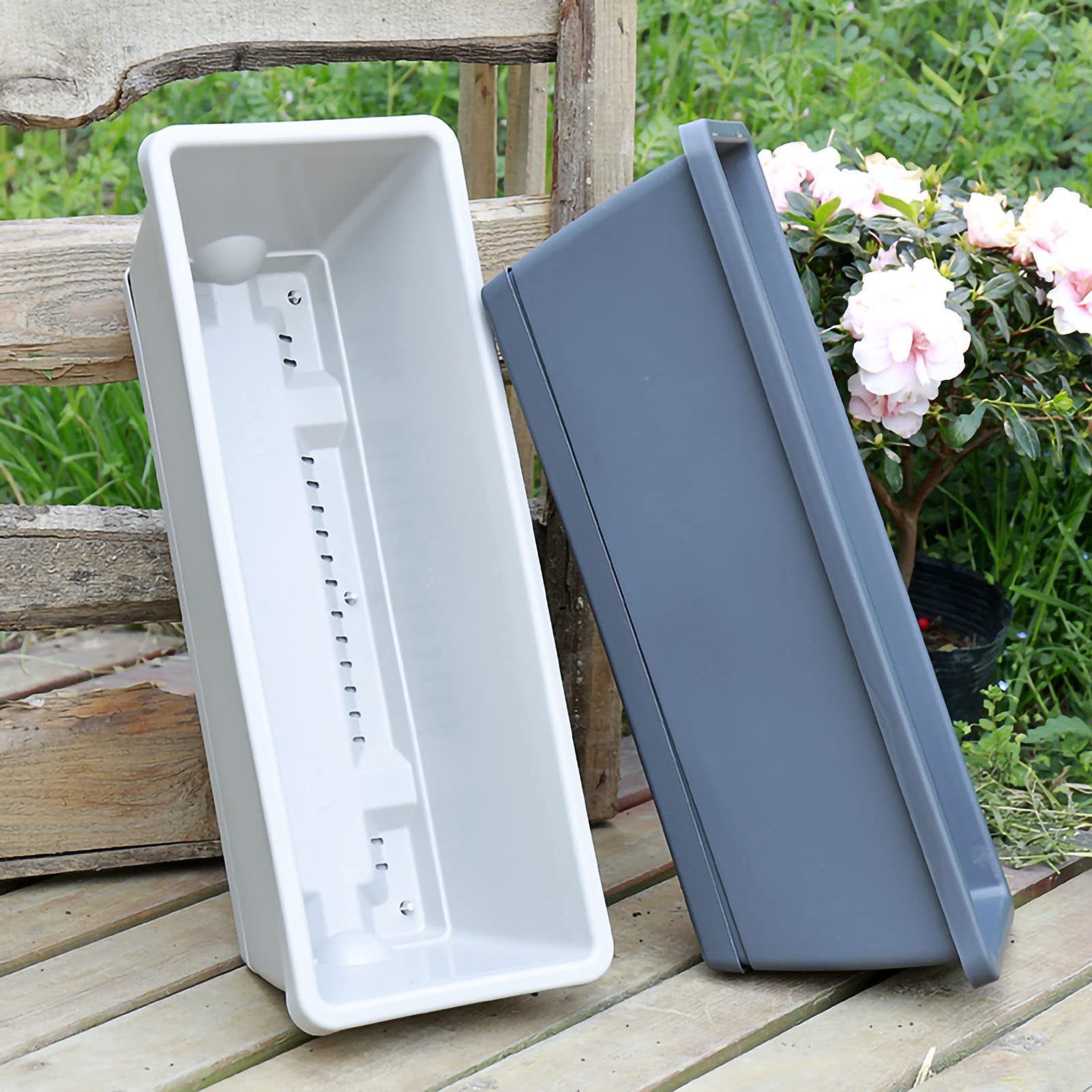 Rectangular Flower Pot Box - Thickened PP5 Resin Planter with Spout Design, Reinforced & Lightweight (43x19cm, Light Grey) - Perfect for Kitchen Windows, Windowsills, Balcony Decor & Indoor Herb Gardens