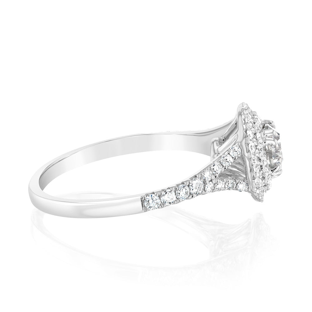 14K White Gold 1 Carat Brilliant Cut Diamond Solitaire Engagement Ring with Double Halo & Split Shank - Perfect for Proposals, Anniversaries & Special Occasions