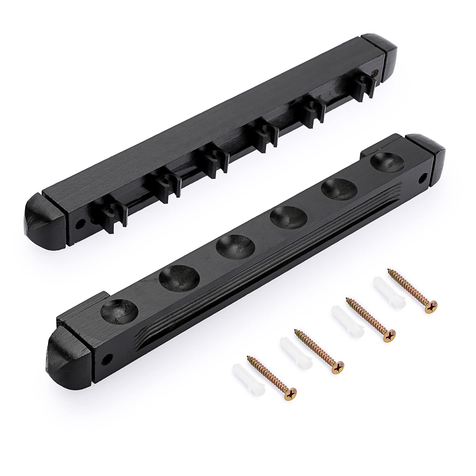 Premium Black Wooden Pool Cue Holder Wall Mount - 6 Slot Billiard Stick Rack Set with Clips - Hardwood Wall-Mounted Cue Storage for Home Game Rooms, Bars, and Billiard Halls