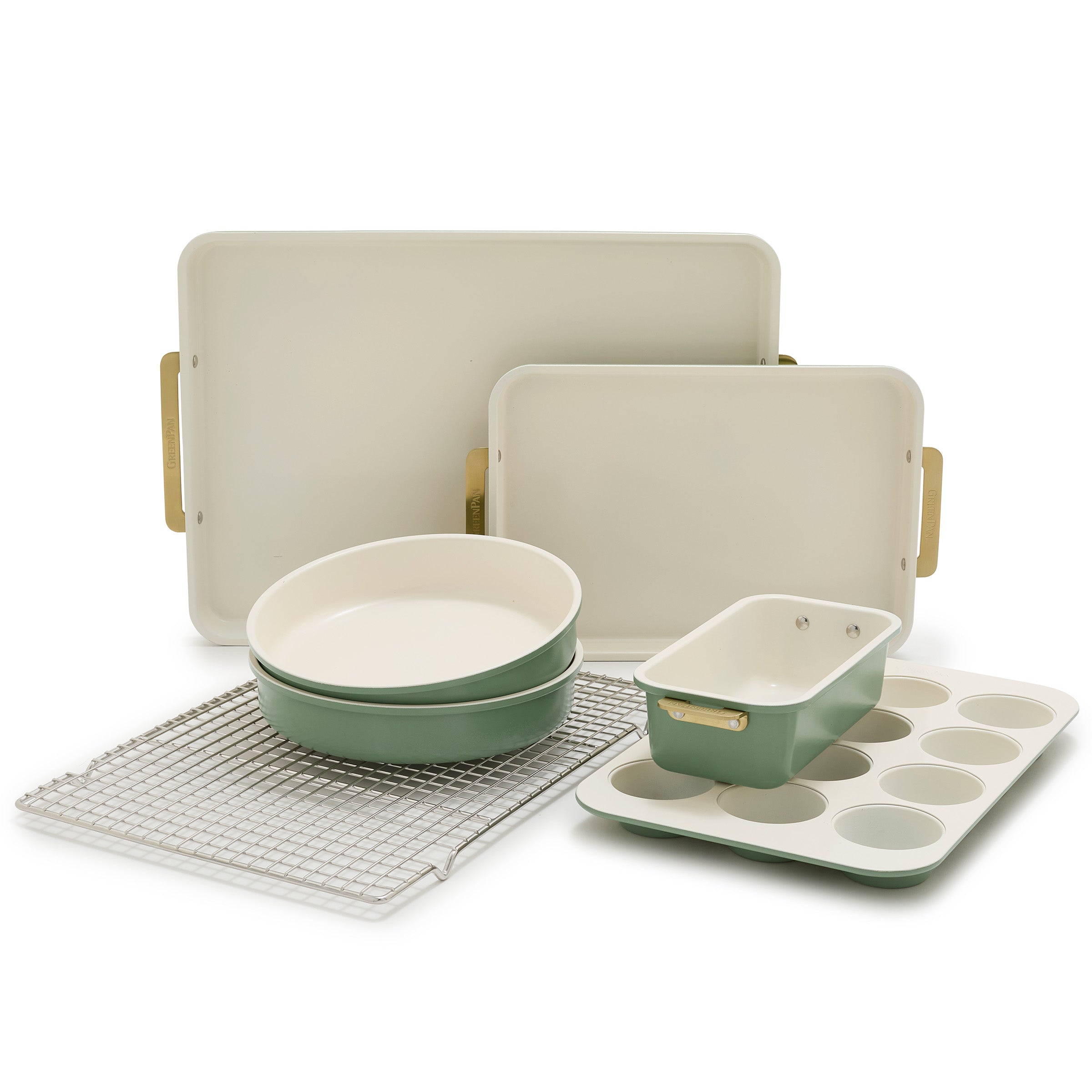 Premium Reserve Bakeware 7-Piece Nonstick Baking Set - Oven Safe Kitchen Essentials for Cakes, Cookies & Bread (Sage Green) | Perfect for Home Bakers & Holiday Gift Giving