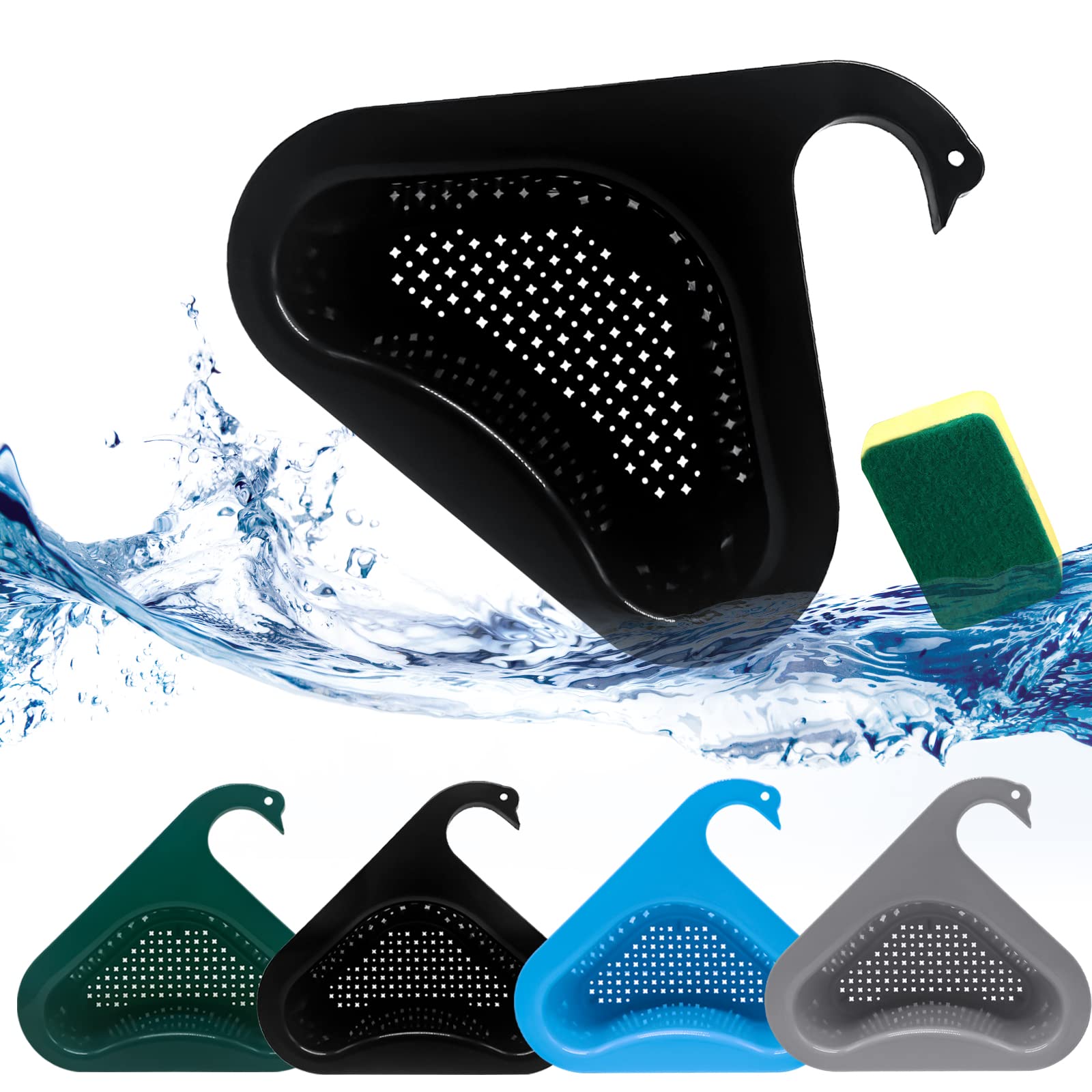 4PCS Kitchen Sink Drain Basket Set - Swan Design Corner Strainer & Hanging Filter with Triangular Drain Shelf - Universal Fit for All Sinks - Easy to Disassemble (Dark Color) - Perfect for Fruits, Vegetables & Dishwashing Organization