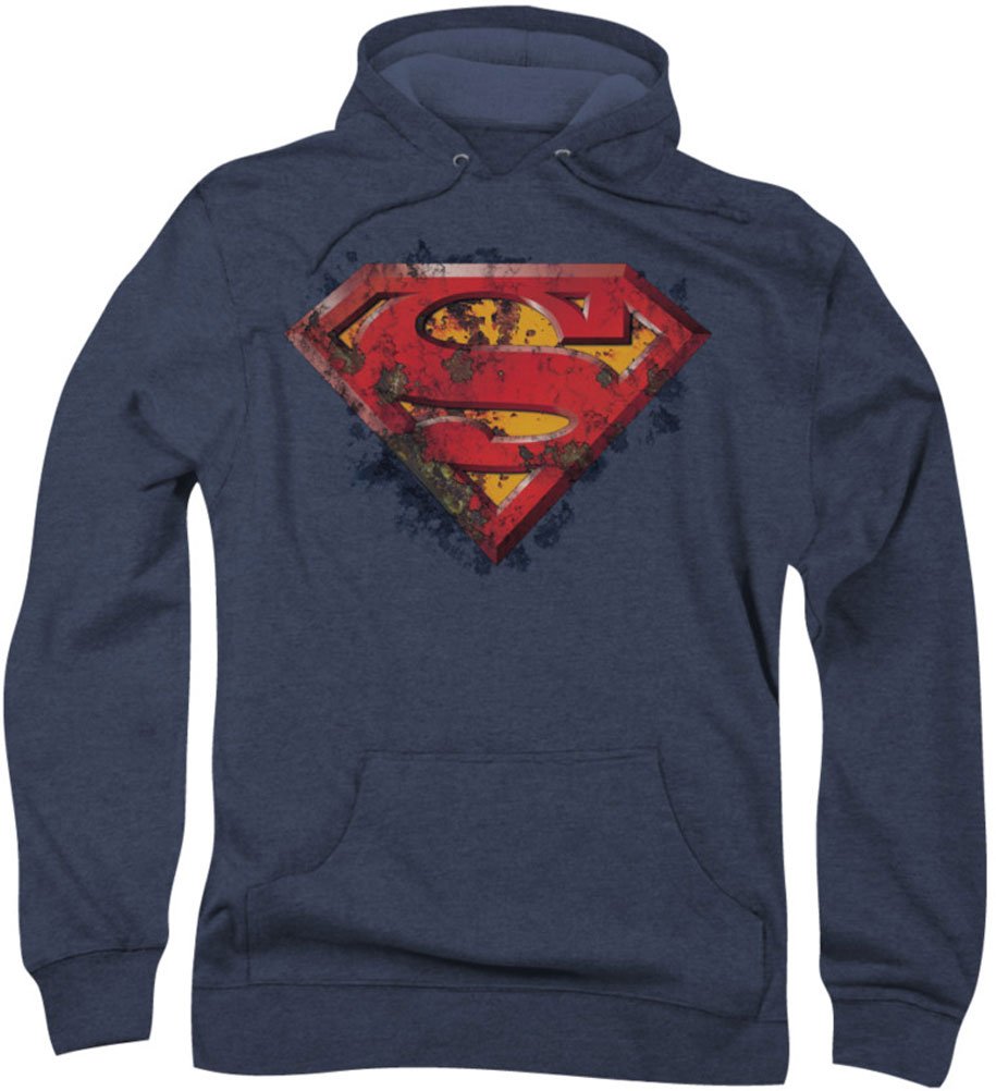 Superman Rusted Shield Hoodie for Men - Vintage Superhero Graphic Pullover | Perfect for Cosplay, Comic Con & Casual Wear
