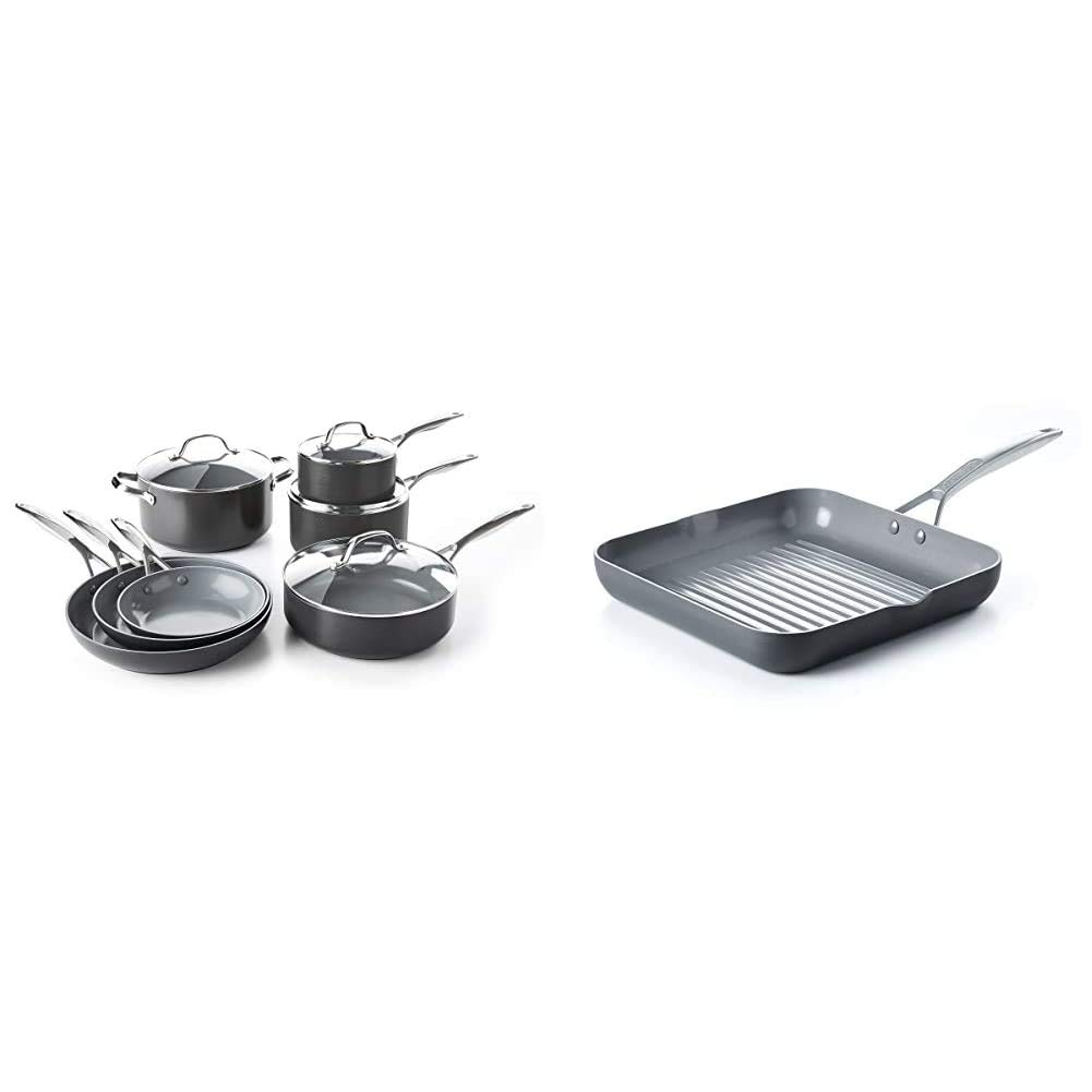 GreenPan Ceramic Nonstick Cookware Set - 8-inch Frying Pan & 11-inch Grill Pan, Gray | PFOA-Free Healthy Cooking | Perfect for Sautéing, Grilling & Everyday Meals