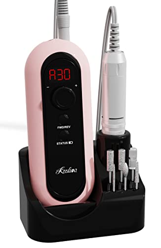 Kredioo 30000RPM Rechargeable Cordless Nail Drill Kit - 6 Drill Bits, Lightweight Handpiece & Stand - Professional Manicure Pedicure Tool for Beginners, Home & Salon Use - Pink