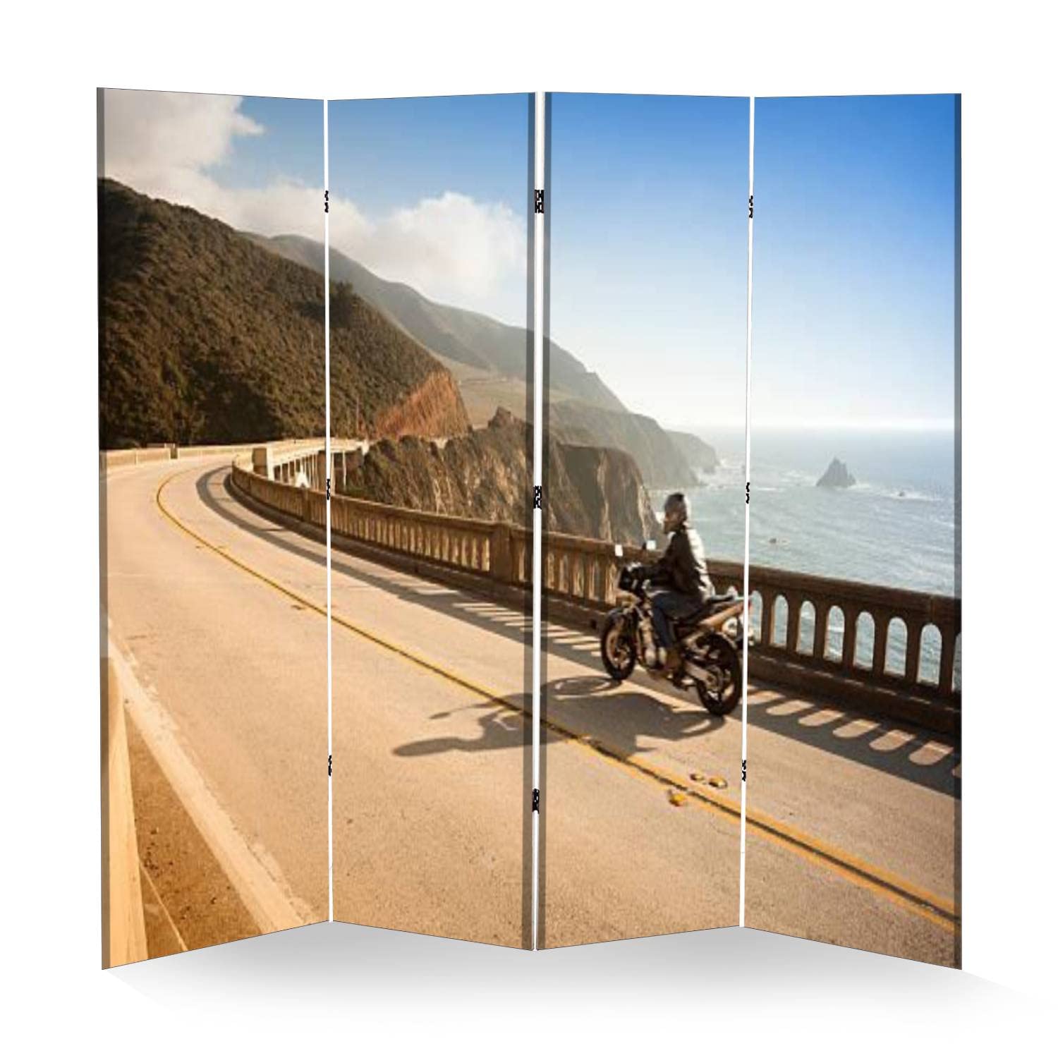 Wooden Room Divider - 4-Panel Folding Privacy Screen with Canvas Design, Dual-Sided Wall Partition for Home & Office | Perfect for Motorcycle Display, California-Themed Decor & Indoor Space Division