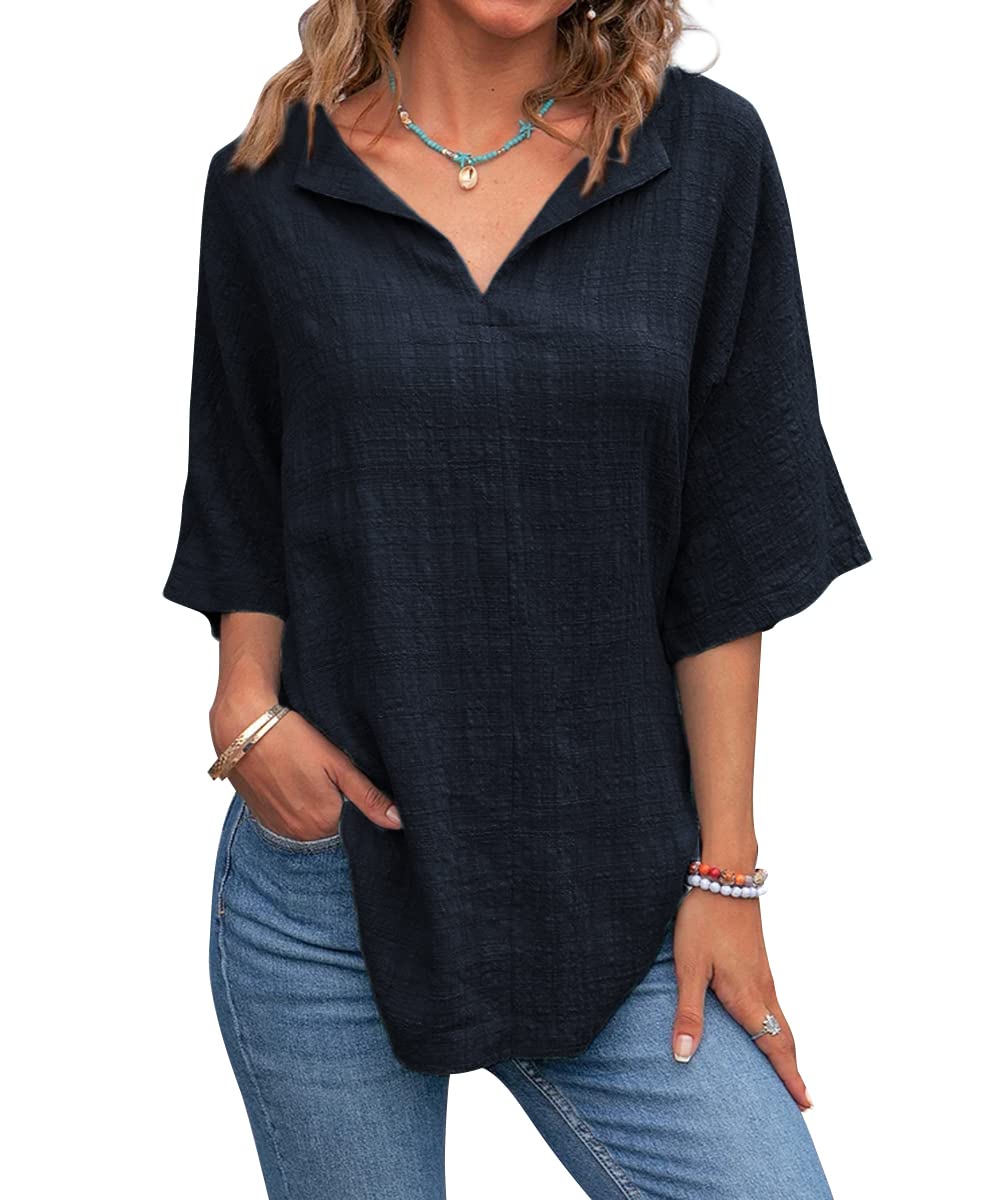 Lueluoye Women's V-Neck Short Sleeve Cotton Linen Blouse - Summer Loose Fit Casual Tunic Top for Beach, Travel & Everyday Wear