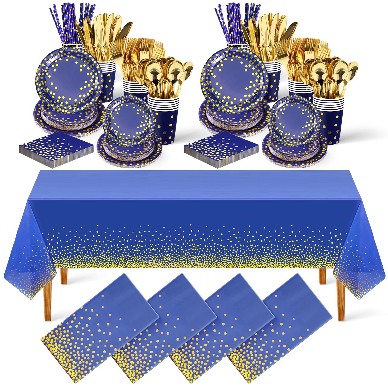 404-Piece Gold Dot Disposable Party Dinnerware Set - 2 Sets Includes Paper Plates, Napkins, Cups, Straws, Gold Cutlery (Forks/Knives/Spoons) & Plastic Tablecloth - Perfect for Graduation Parties, Birthday Celebrations & Wedding Receptions (Dark Blue & Gold)