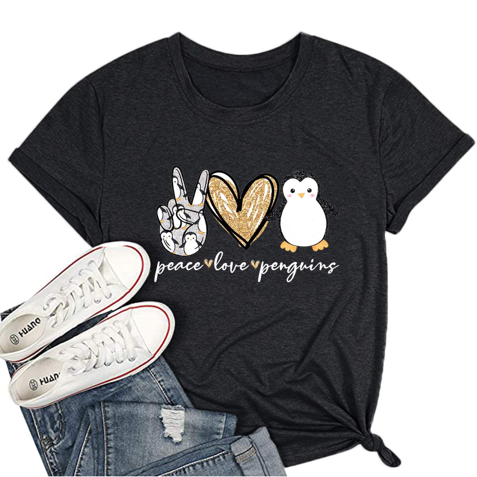 Vintage Short Sleeve Women's T-Shirt - Trendy Summer Casual Graphic Tee with Peace Love Penguins Design for Teen Girls (Black) | Perfect for Beach Outings, Music Festivals and Everyday Wear