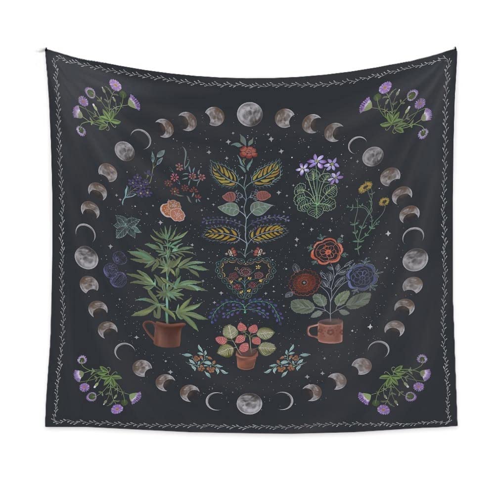 LINICE Moon Phase Plant Tapestry Wall Hanging - Bohemian Mandala Botanical Decor for Bedroom, Home & Dorm | Nature-Inspired Aesthetic Room Decor for Meditation Spaces & Boho Chic Interiors
