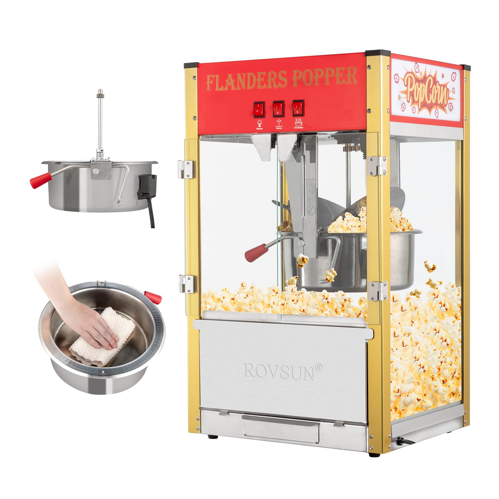 ROVSUN 16oz Commercial Popcorn Machine - Movie Theater Style Countertop Popcorn Popper with Stainless Steel Scoop, Oil Spoon & 3 Cups - Perfect for Home Theater, Parties, Carnivals and Snack Bars (Red)