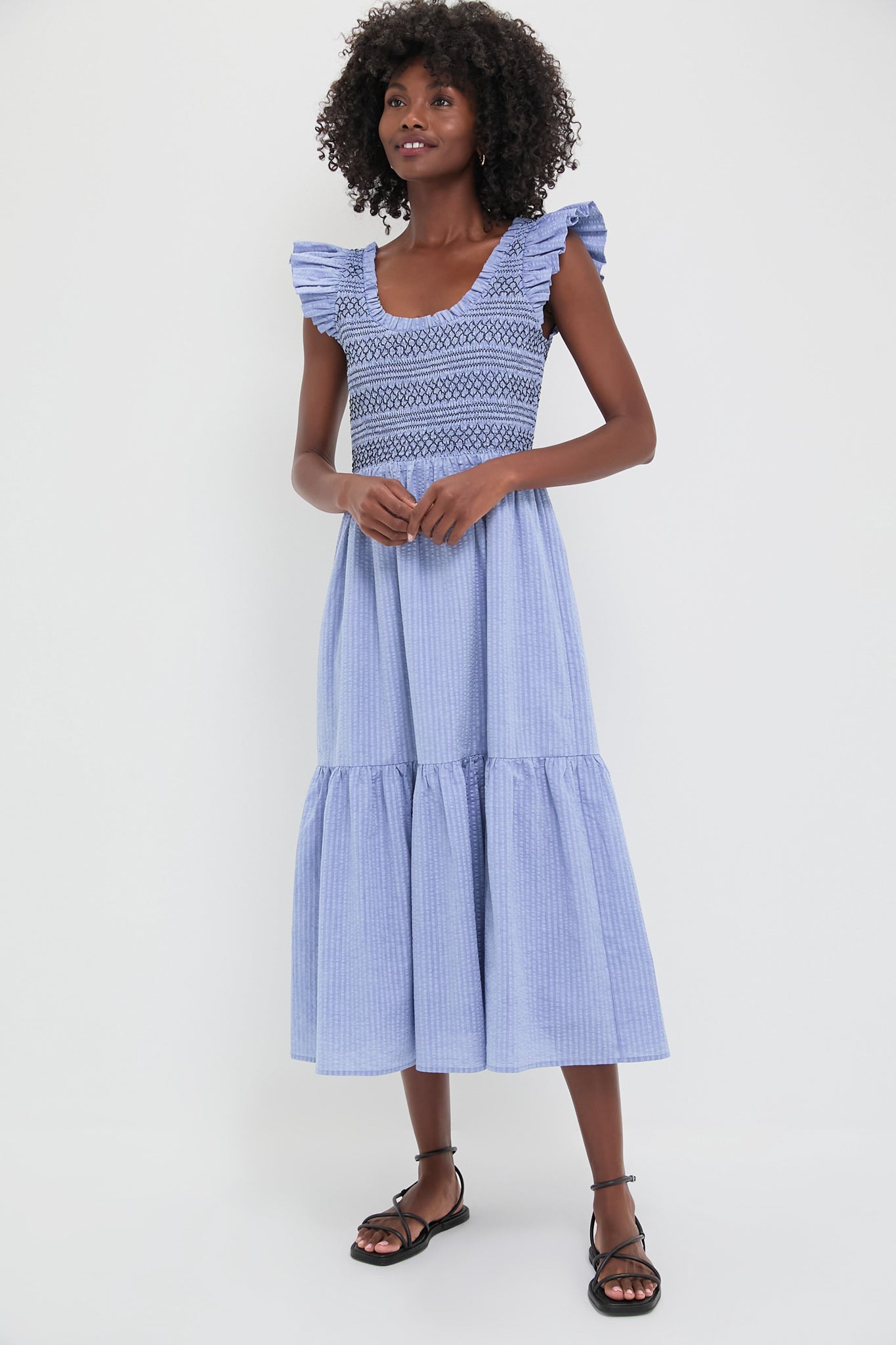 Blue Seersucker Smocked Maxine Dress for Women - Summer Casual & Beach Wear - Perfect for Outdoor Parties, Vacations and Date Nights