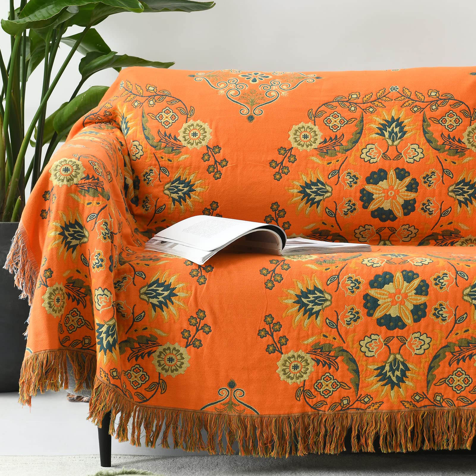 KALOOLA Orange Queen Muslin Blanket - 100% Cotton Oversized Bohemian Floral Blanket for Queen Size Bed (90x98 Inches) | Reversible Boho Blanket for Bedroom, Living Room & Outdoor Picnics