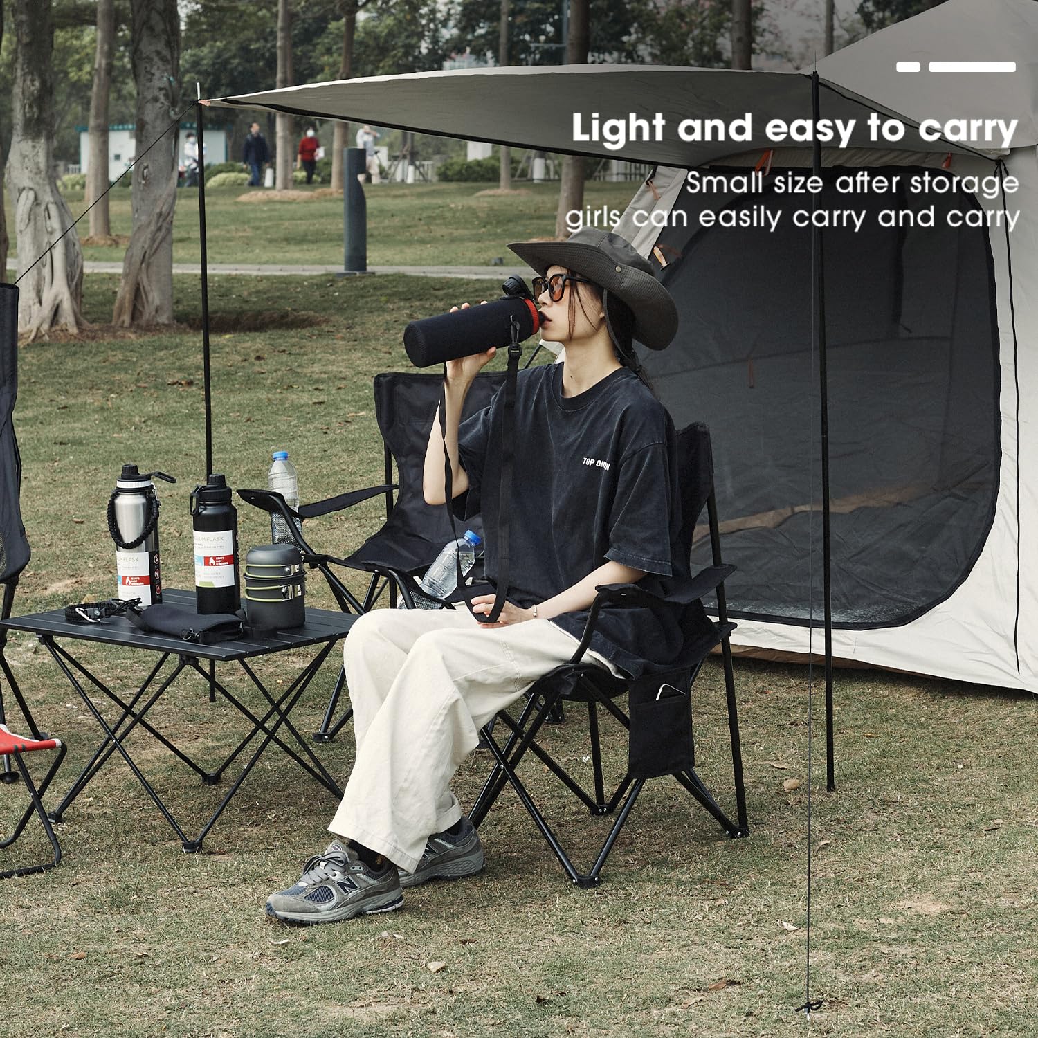 Damei Century Portable Folding Camping Chair - Lightweight Outdoor Sports Lawn Chair with Side Pockets for Picnics, Beach, Hiking & Backyard (Black)
