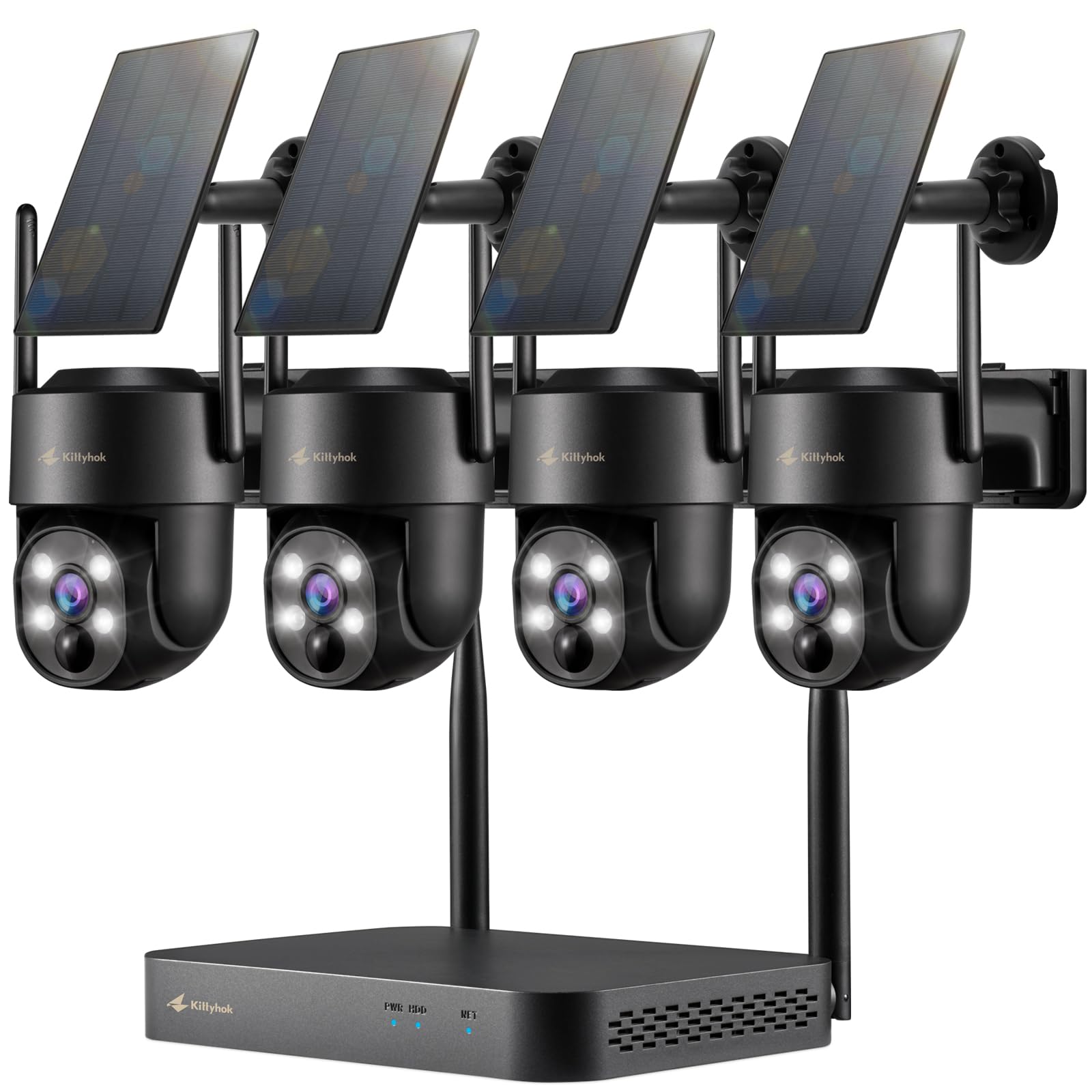Kittyhok Black Solar Security Cameras Wireless Outdoor System - 5G/2.4G WiFi, 4 Pack 2K Ultra HD Pan/Tilt Solar Security Cameras with Human Detection, Spotlight, 10CH WiFi-6 NVR, 60 Days Local Storage - Ideal for Home Security, Yard Monitoring & Property Protection