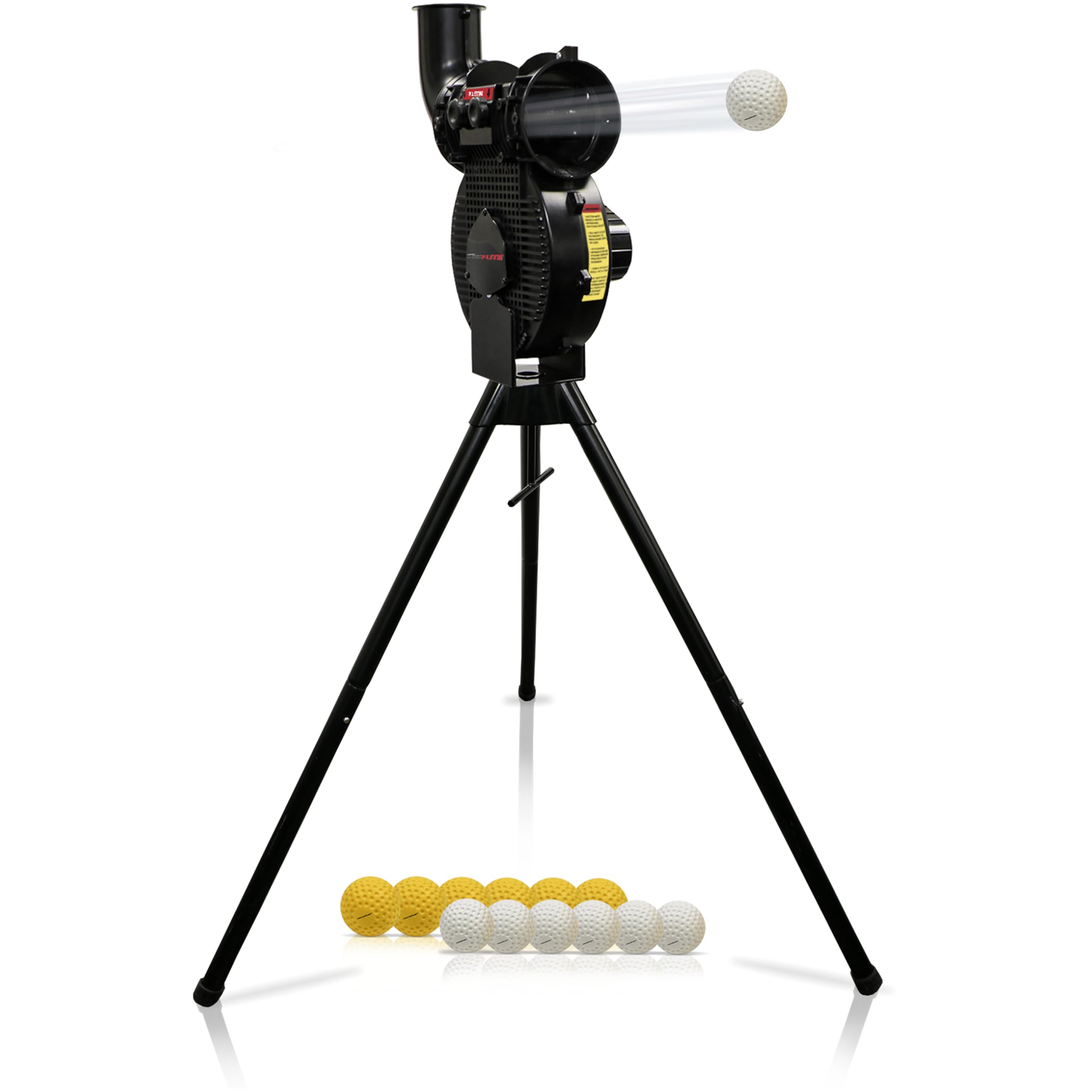 PowerNet Launch F-lite Softball & Baseball Pitching Machine with Dimpled Practice Balls & Bucket of Baseballs - Complete Coaching Bundle for Baseball Training | Perfect for Backyard Practice, Team Drills & Pitching Practice