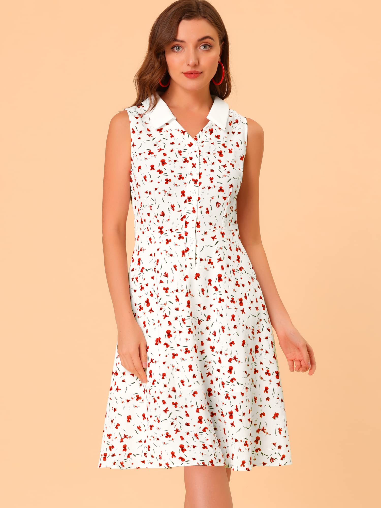 Allegra K Women's Floral Sleeveless Collar Shirt Dress with Belt - Retro Half Placket Summer Dress for Casual Outings, Office Wear & Special Occasions