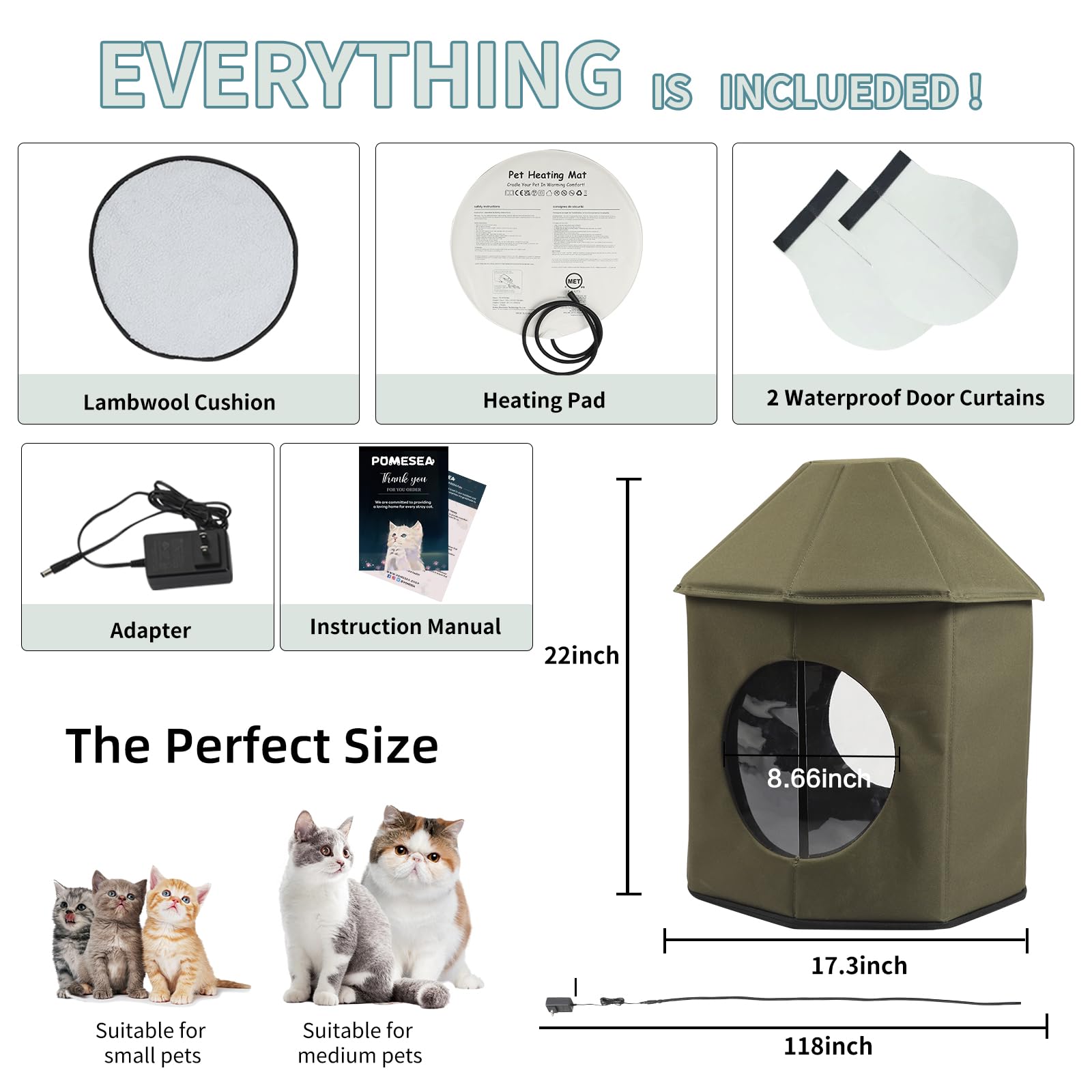 Heated Outdoor Cat House for Winter - Waterproof & Insulated with Warm Pad, Castle Design for Stray, Barn Cats & Kittens (Olive Green) | Perfect for Cold Weather, Backyards & Shelters