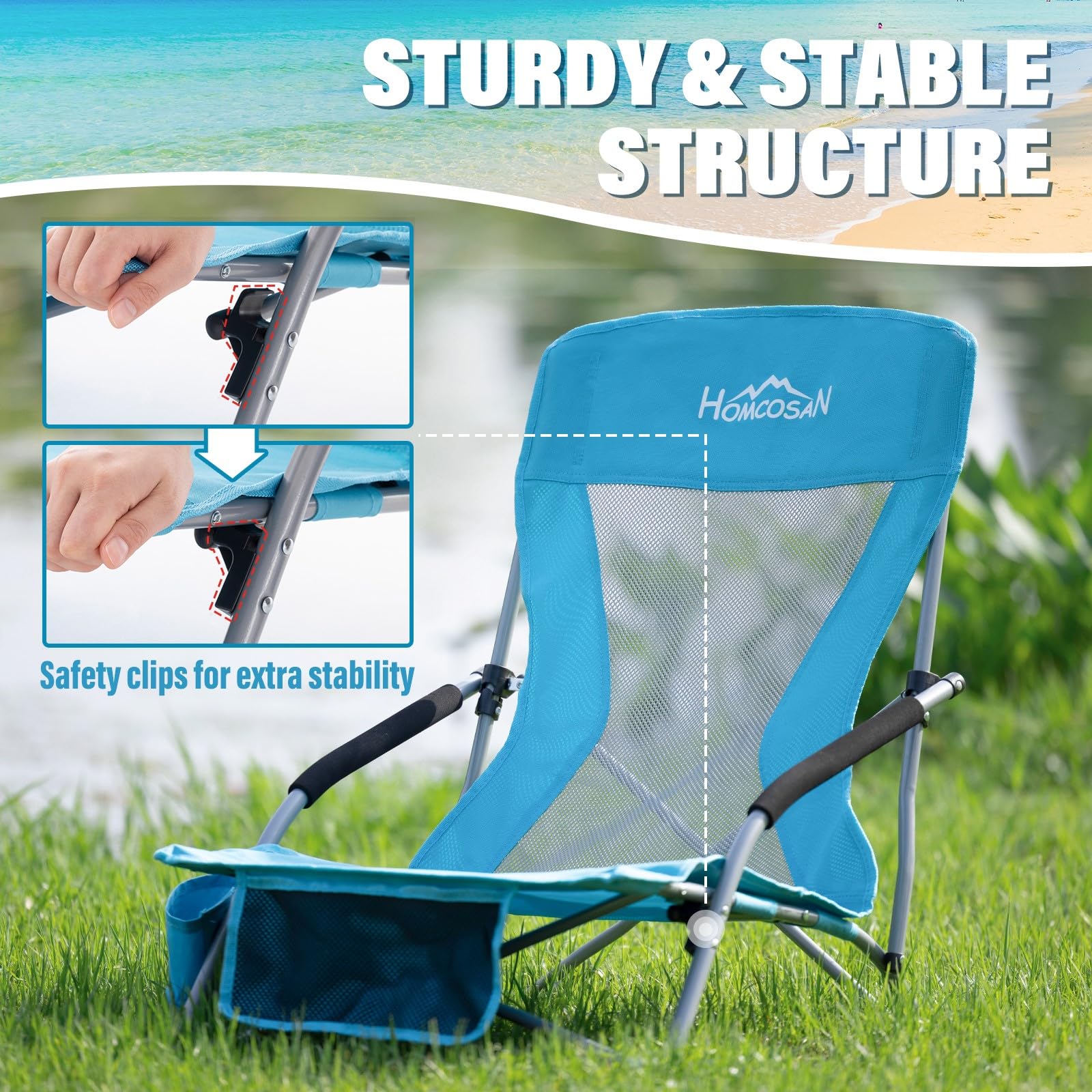 Homcosan Low Folding Beach Chairs for Adults - Portable Lightweight Sling Chair with Cup Holder & Mesh Back, Compact Folding Design with Carry Bag - Perfect for Beach, Camping, Picnics, Concerts & Backyard Relaxation (2 Pack, Blue)