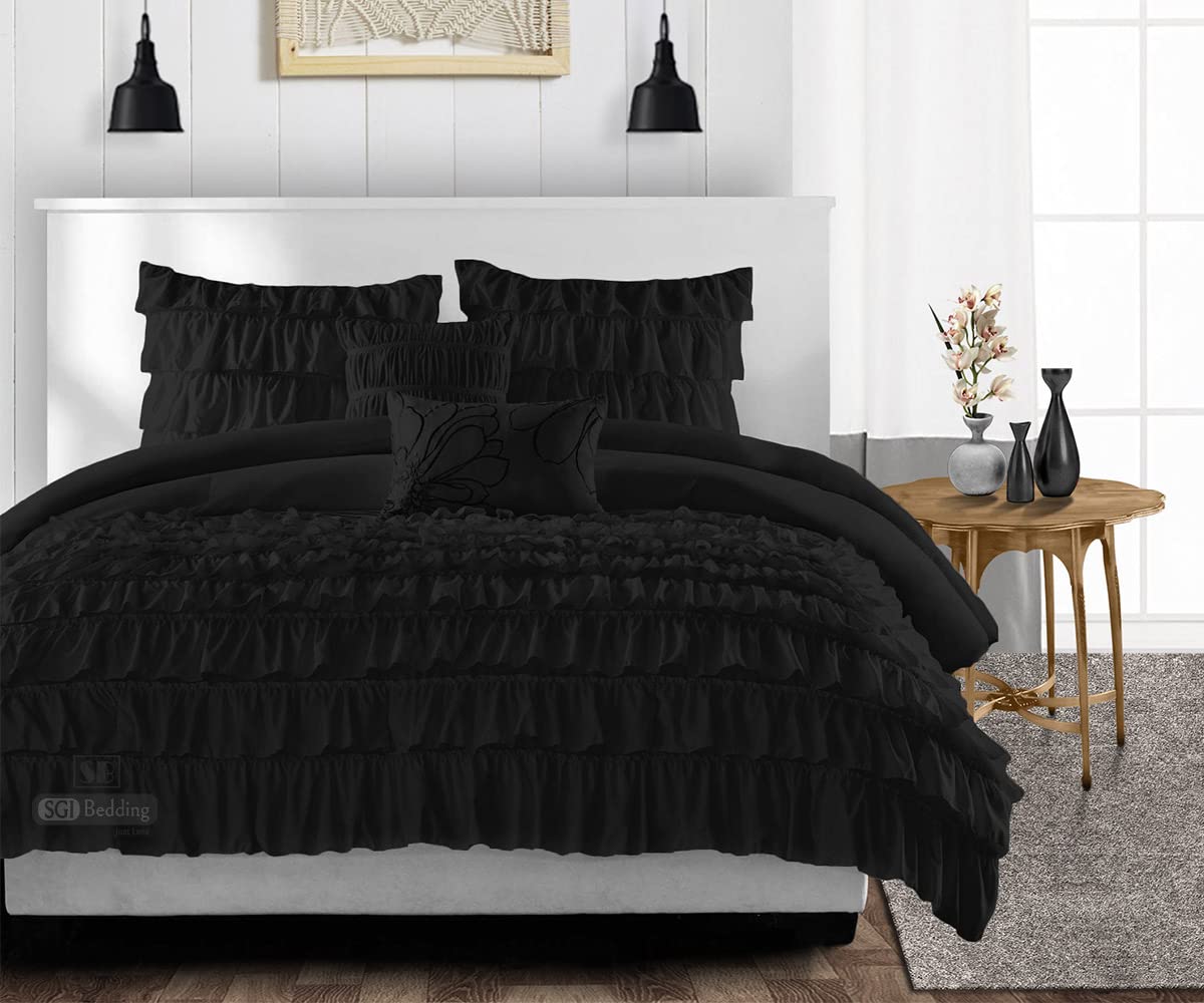 Premium Oversized Queen Comforter Set - 300 GSM Plush Siliconized Microfiber Fill with Multi-Ruffle Design, Black Duvet Insert & Matching Pillowcases | Ultra Soft Quilted Bedding for Cozy Nights, Guest Rooms & Luxury Hotel Style Bedrooms