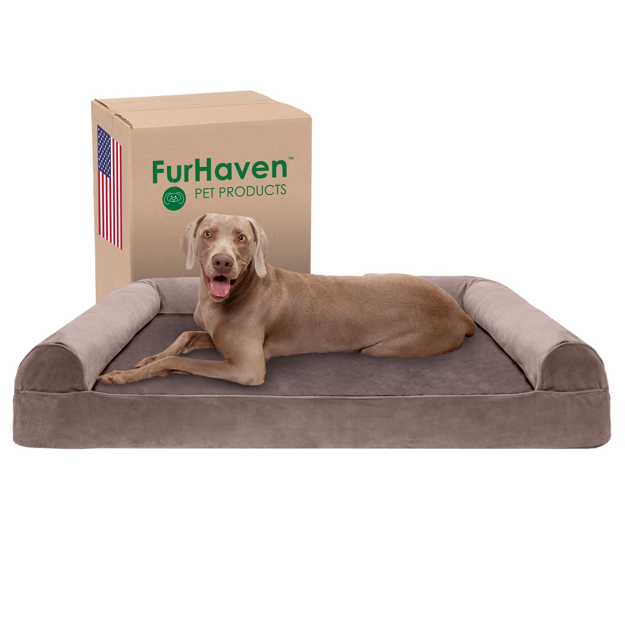 Furhaven Cooling Gel Dog Bed for Large Dogs - Removable Bolsters & Washable Cover - Supports Up to 125 lbs - Faux Fur & Velvet Sofa Style - Driftwood Brown (Jumbo Plus/XXL) - Perfect for Hot Weather & Joint Relief - Ideal for Living Room, Bedroom or Pet-Friendly Spaces
