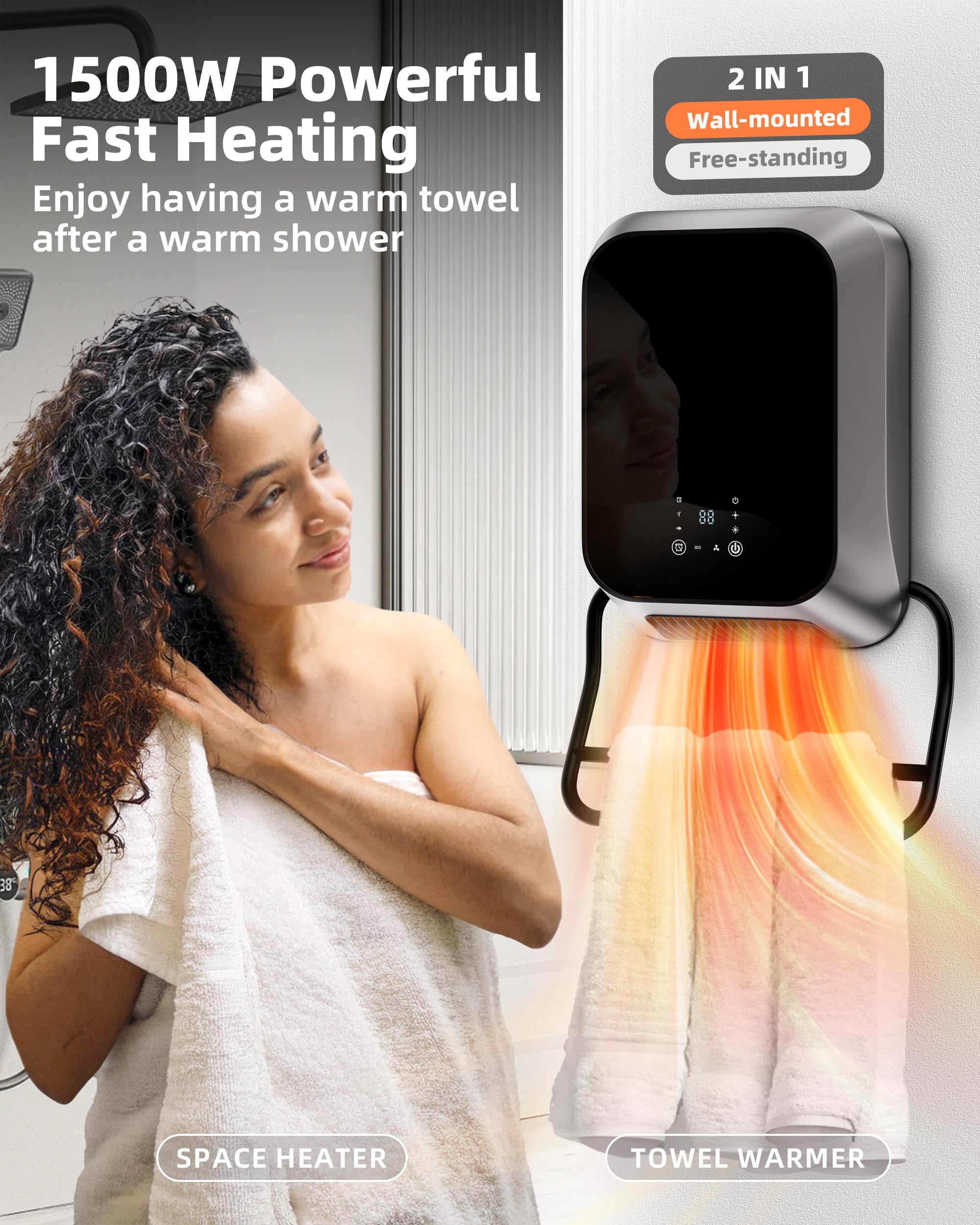 2 in 1 Wall Mounted Space Heater with Towel Rack - 1500W Electric Ceramic Heater for Indoor Use, Bathroom, Bedroom - Energy Efficient Adjustable Thermostat, Remote Control, 24H Timer - Perfect for Small Rooms, Home Office & Winter Warmth