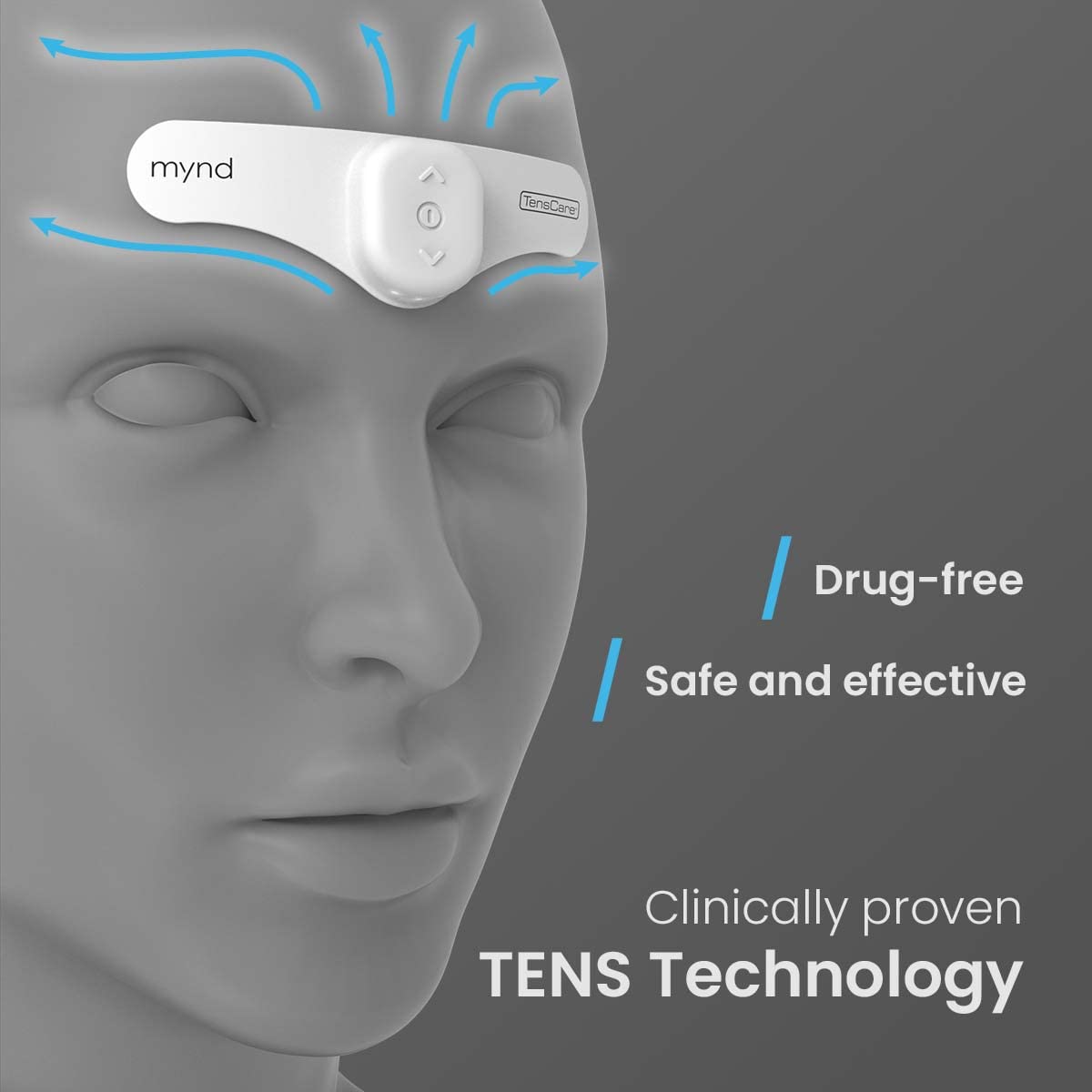 TensCare Mynd - 2 TENS Programs for Migraine & Headache Relief, Drug-Free Treatment & Prevention for Episodic & Chronic Pain - Perfect for Home, Office & Travel Use