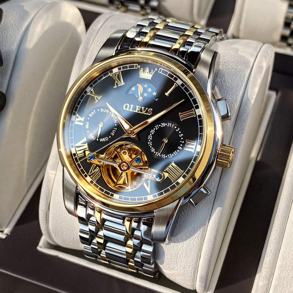 OLEVS Men's Automatic Mechanical Tourbillon Watch - Self-Winding Luxury Stainless Steel Waterproof Wristwatch with Luminous Hands & Date Display | Perfect for Business, Formal Events & Everyday Wear