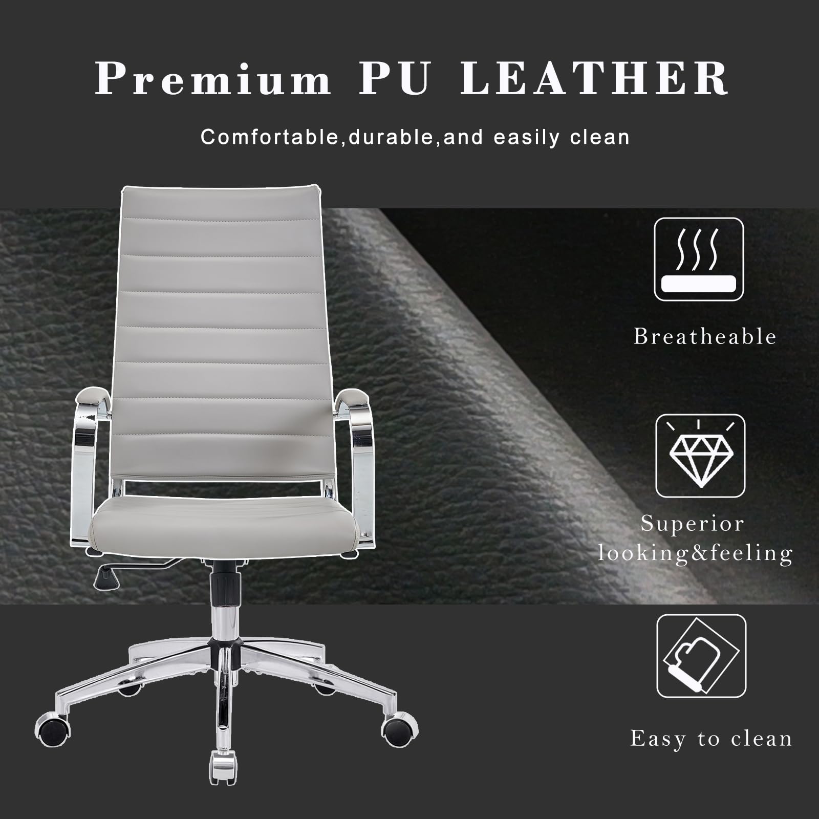 Ergonomic Executive Office Chair - High Back Leather Swivel Desk Chair with Lumbar Support (Grey) - Perfect for Home Office, Gaming & Workspaces