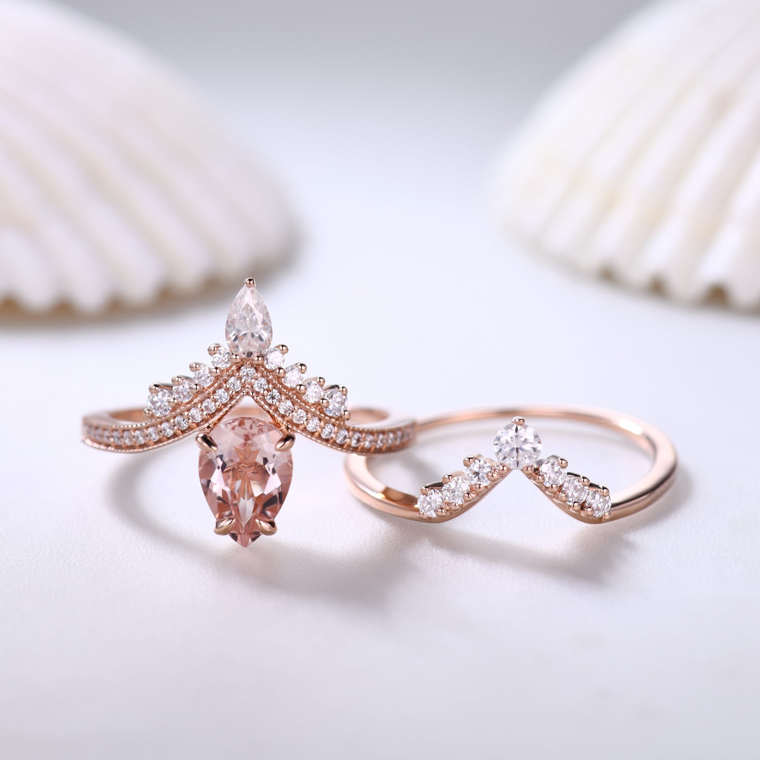 Morganite and Moissanite Teardrop Bridal Ring Set with Curved Chevron Band - Unique Crown Design for Engagement, Wedding, Anniversary Gift - Perfect for Proposals, Bridal Jewelry, and Special Occasions