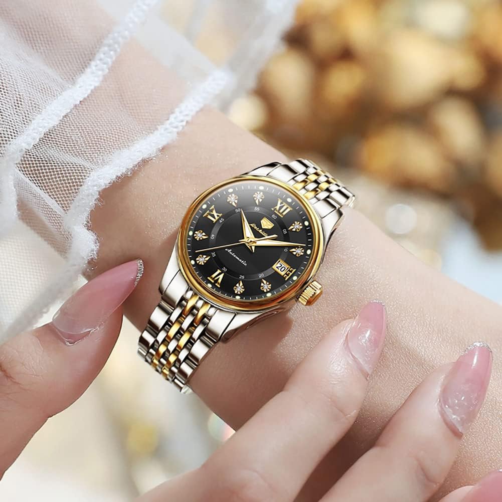 OLEVS Women's Luxury Automatic Diamond Watch - Self Winding Moon Phase Stainless Steel Dress Watch with Luminous Blue Dial & Waterproof - Perfect for Business, Evening Events & Gift Giving