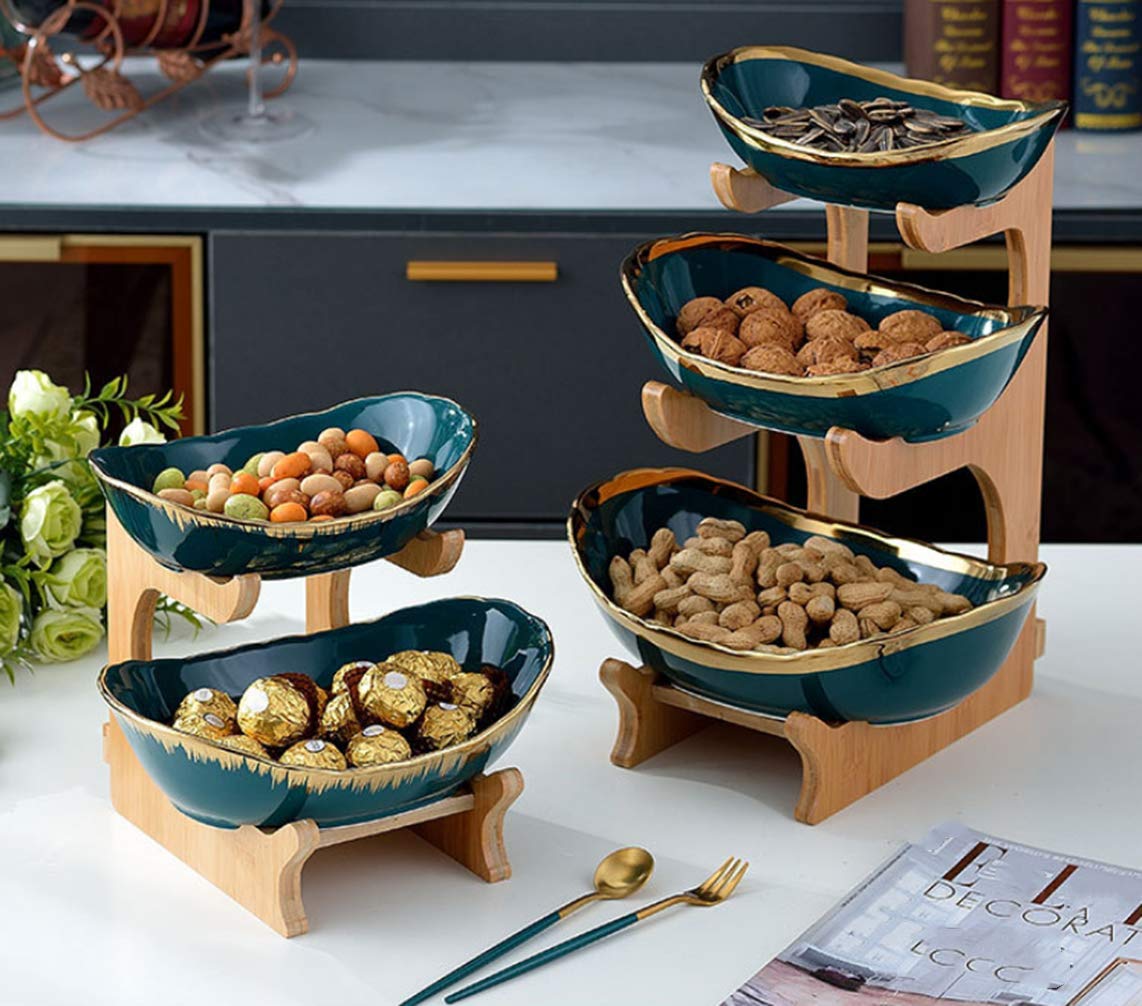 3 Tier Ceramic Fruit Basket Stand with Bamboo Base - Elegant Fruit Bowl for Displaying Fruits, Bread, Vegetables & Snacks | Perfect for Kitchen, Dining Table, Party, Wedding & Birthday Decorations